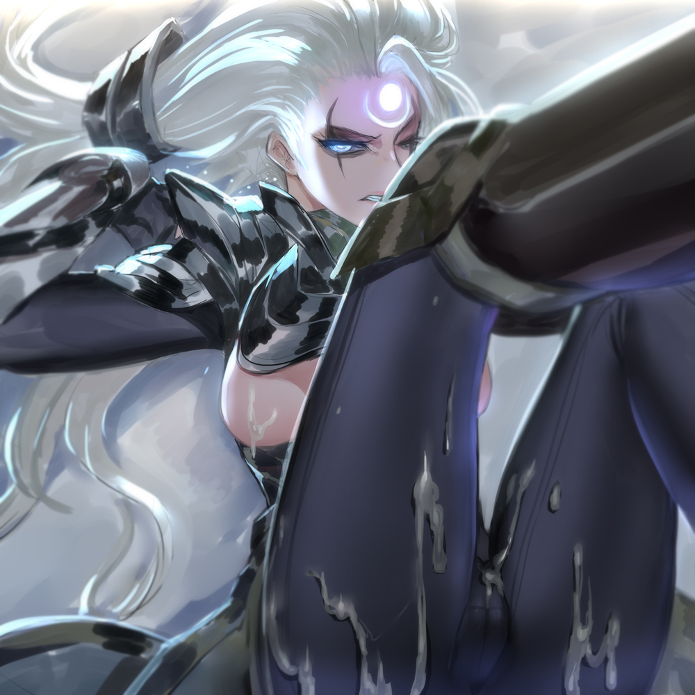 armor, breasts, cameltoe, cum, cum covered, diana (league of legends), female, league of legends, metal, pd, pussy, white hair