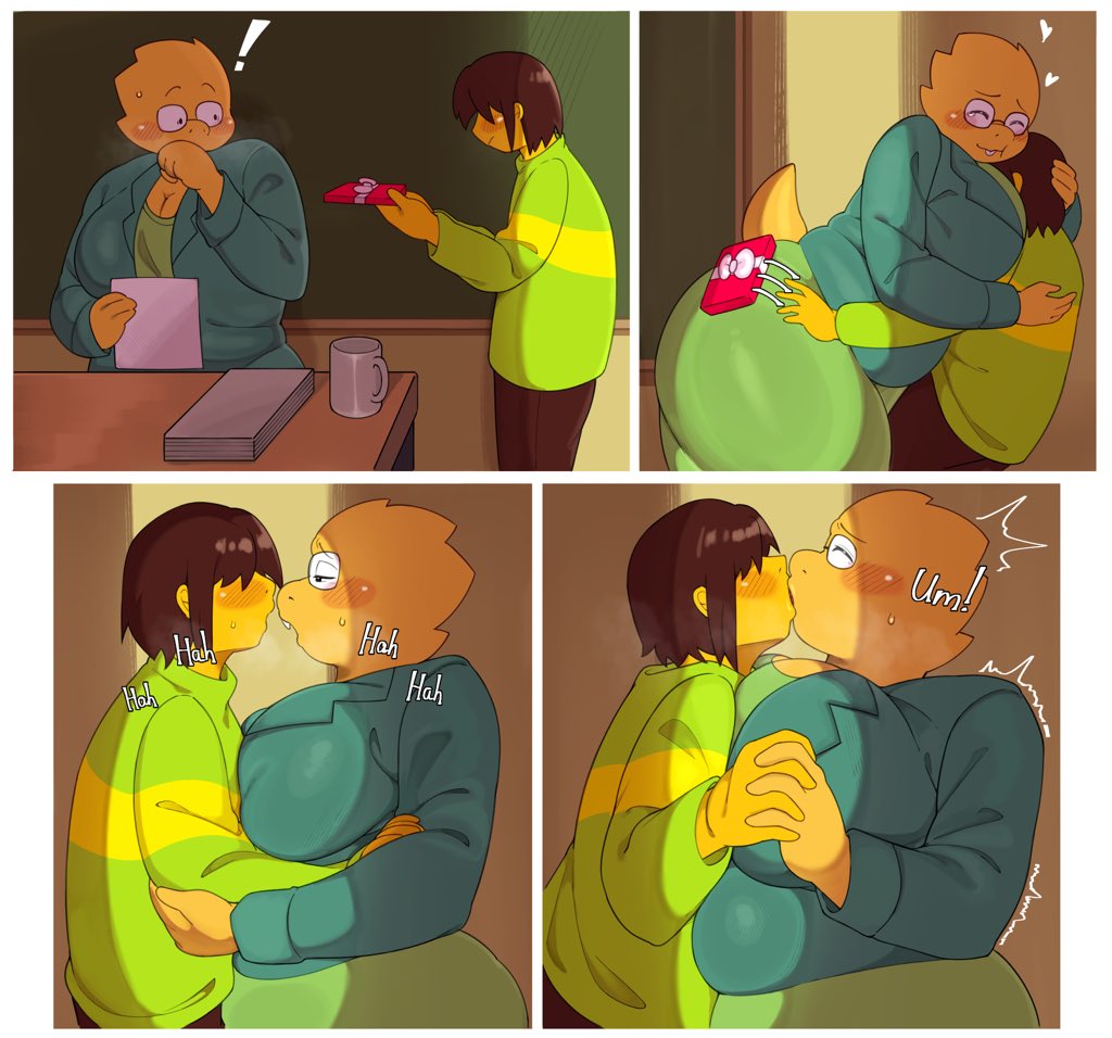 !, 1boy, 1girls, alphys, alphys (deltarune), anthro, anthro on human, big breasts, breasts, brown hair, brown pants, classroom, cleavage, closed eyes, clothing, cup, deltarune, desk, duo, fat, fat female, fat thighs, female, furry, furry female, glasses, green shirt, holding hands, hug, human, human on anthro, interspecies, kissing, kris (deltarune), large breasts, looking at another, male, male/female, mammal, mature, mature anthro, mature female, mature male, overweight, overweight anthro, overweight female, paper, part 1, present, reptile, scalie, shirt, tail, teacher, teacher and student, thenewpassion, thick thighs, undertale, undertale (series), yellow skin