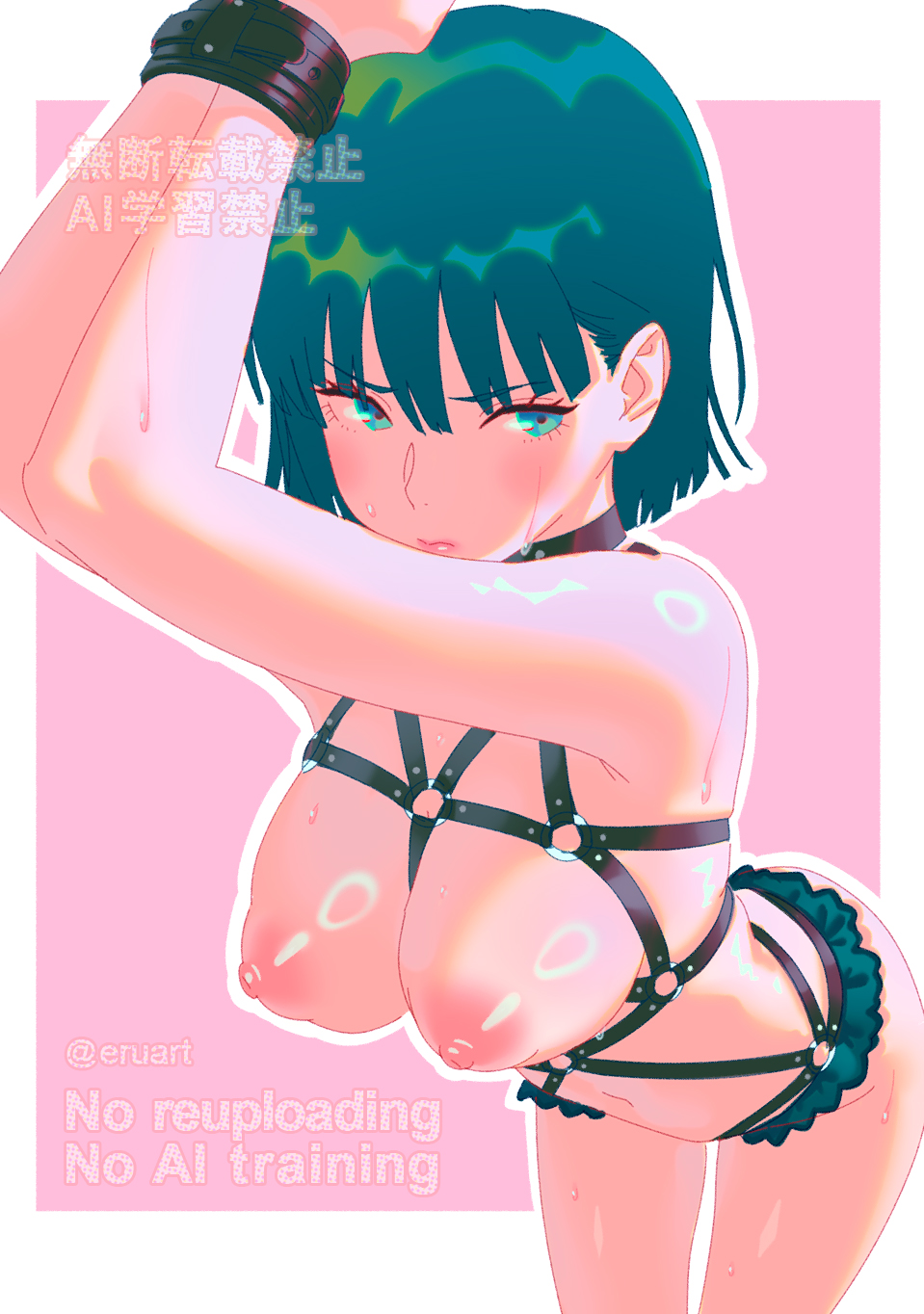 1girls, adult, adult female, almost naked, almost nude, areolae, arm above head, arm up, arms above head, arms up, artist name, bare armpits, bare arms, bare belly, bare breasts, bare chest, bare legs, bare midriff, bare navel, bare nipples, bare shoulders, bare skin, bare thighs, bare tits, bare torso, belly, belly button, big breasts, blush, blushing, bondage, bondage gear, bound, bound wrists, breasts, busty, busty female, cleavage, collar, collarbone, crying, cuffs, curvaceous, curvaceous body, curvaceous female, curvaceous figure, curvaceous hips, curvy, curvy body, curvy female, curvy figure, curvy hips, digital, digital art, digital drawing, digital drawing (artwork), digital media, digital media (artwork), elbows, embarrassed, embarrassed exposed female, embarrassed expression, embarrassed female, embarrassed nude female, eruart, exposed armpits, exposed arms, exposed belly, exposed breasts, exposed chest, exposed legs, exposed midriff, exposed navel, exposed nipples, exposed shoulders, exposed skin, exposed thighs, exposed tits, exposed torso, female, female focus, female only, femsub, frown, frown eyebrows, frowning, frowning at viewer, fubuki (one-punch man), green eyes, green hair, green-eyed female, green-haired female, hand above head, hand up, handcuffs, hands above head, hands up, high resolution, highres, large boobs, large breasts, lean figure, lips, looking at viewer, mature, mature female, medium hair, midriff, mostly nude, multicolored eyes, naked, naked female, naked woman, narrow waist, navel, nearly nude, nipples, no bra, nude, nude female, nudity, one-punch man, panties, panties only, pink background, plump breasts, practically nude, questionable consent, restrained, shiny arms, shiny breasts, shiny hair, shiny nipples, shiny shoulders, shiny skin, shoulders, simple background, slender body, slender waist, slim waist, solo, standing, submissive, submissive female, sweat, sweatdrop, sweating, sweaty, sweaty body, sweaty breasts, sweaty chest, sweaty face, sweaty female, sweaty thighs, tears, thigh gap, thighs, tied, tied hands, tied up, topless, two-tone eyes, uncensored, uncensored breasts, uncensored nipples, upper body, watermark, wide hips