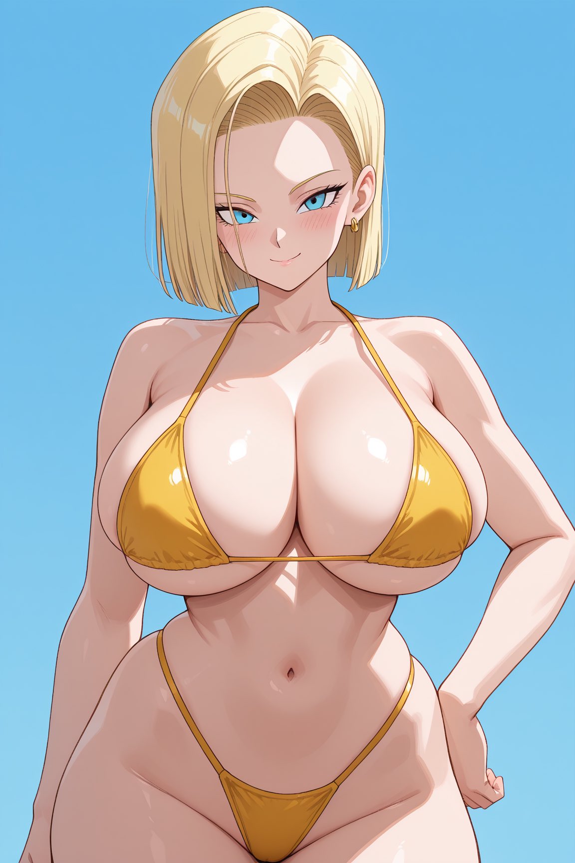 ai generated, android 18, belly button, bikini, breasts, dragon ball, dragon ball z, female, gtsrak, huge breasts, navel, sexy, sexy pose