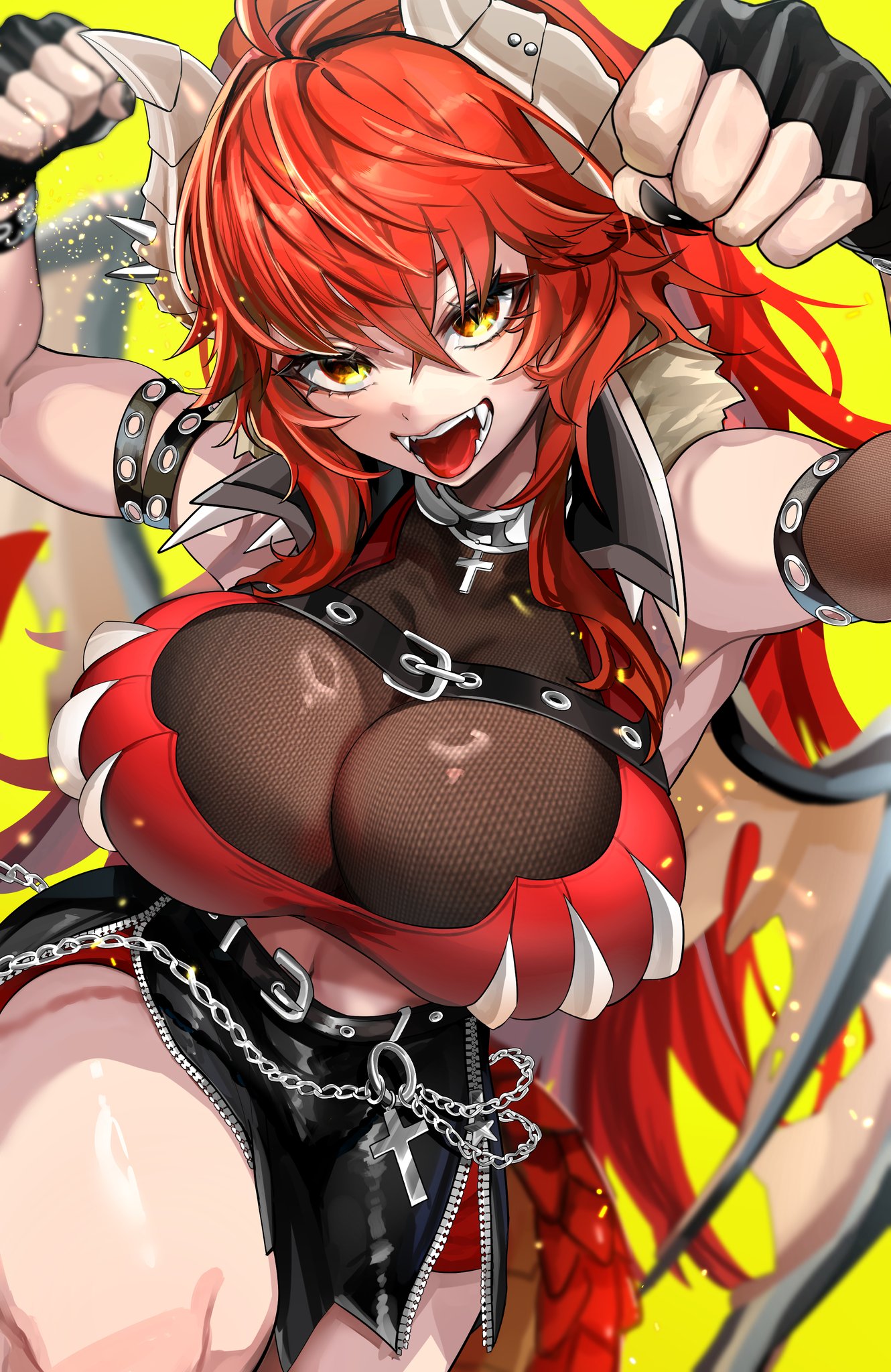 black gloves, black nails, black skirt, breasts, chest belt, clenched hands, cross, detached sleeves, dragon horns, dragon tail, fangs, female, fingerless gloves, gloves, highres, horns, indie virtual youtuber, large breasts, long hair, miniskirt, navel, open mouth, oyu (oy234u), red hair, see-through cleavage, see-through clothes, single detached sleeve, skirt, solo, tail, tongue, tongue out, twitch, twitch.tv, twitter, virtual youtuber, yellow eyes, youtube, youtuber, youtuber girl, youtubers, zentreya, zentreya (dragon), zentreya (dragon) (1st costume), zipper