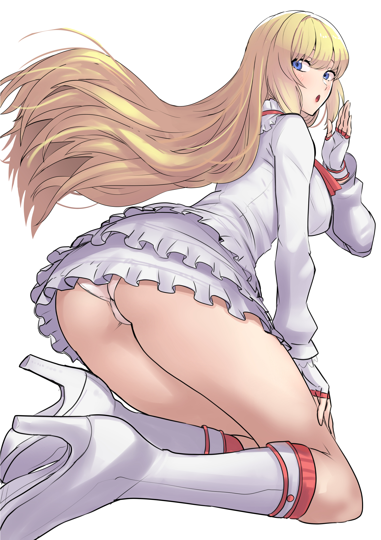 :o, ass, blonde hair, blue eyes, blunt bangs, boots, breasts, clash kuro neko, dress, emilie de rochefort, female, female only, fingerless gloves, frilled dress, frills, from behind, full body, gloves, high heel boots, high heels, highres, hime cut, large breasts, long hair, long sleeves, looking at viewer, namco, open mouth, panties, pantyshot, pink panties, sideboob, simple background, sitting, skirt, solo, tekken, thighs, underwear, upskirt, white background, white boots, white dress, white gloves