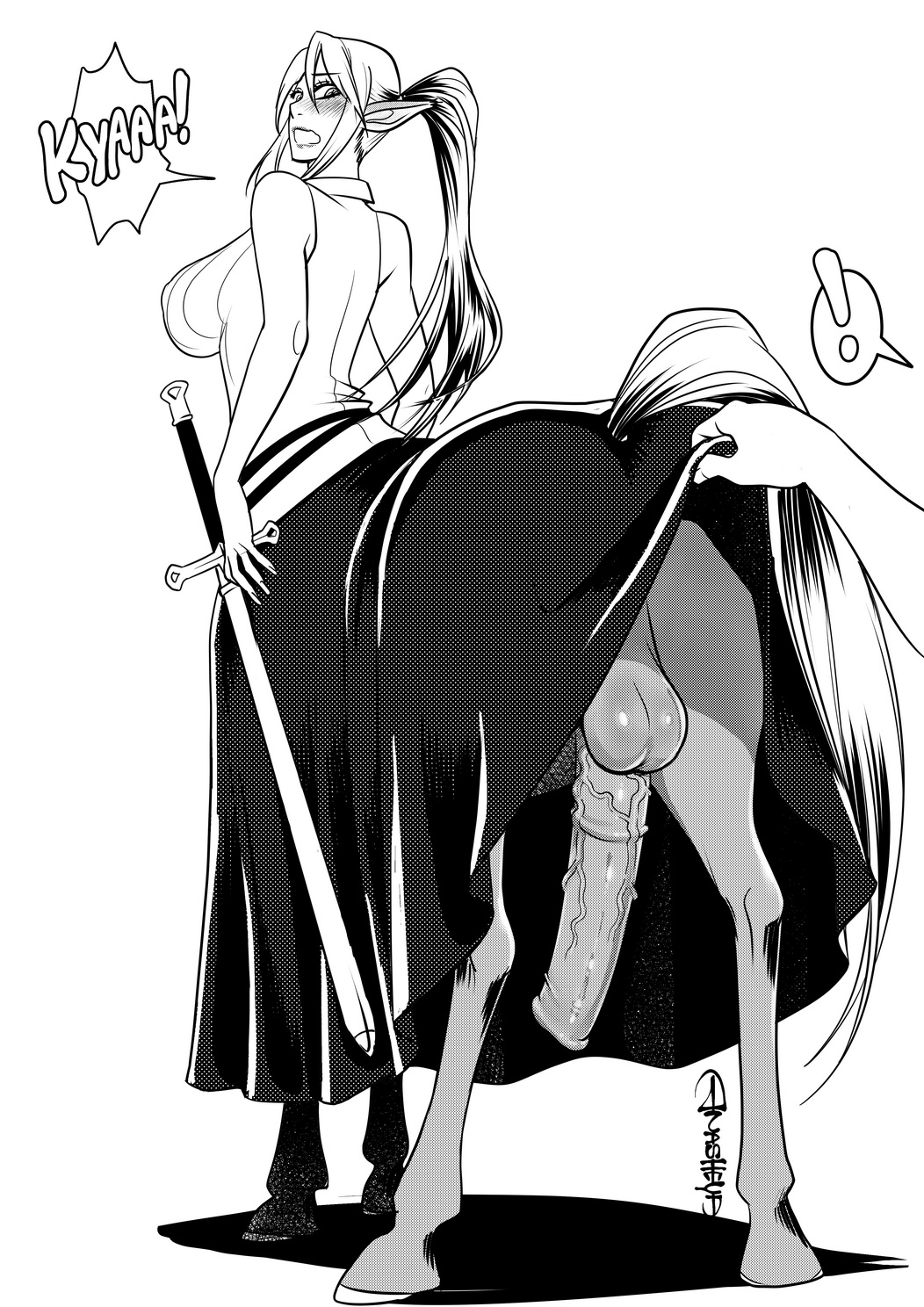 1boy, 1futa, anasheya, animal genitalia, animal genitalia on humanoid, animal penis, ass, backsack, balls, ballsack, blush, breasts, centaur, centorea shianus, cleavage, curvy, equine penis, erection, erection under clothes, erection under skirt, futa only, futa with male, futanari, horse penis, horsecock, horsecock on humanoid, huge ass, hyper, hyper penis, intersex, large balls, large breasts, male, monochrome, monster musume no iru nichijou, no panties, penis, penis under clothes, penis under skirt, skirt, skirt lift, solo focus, speech bubble, taur, text