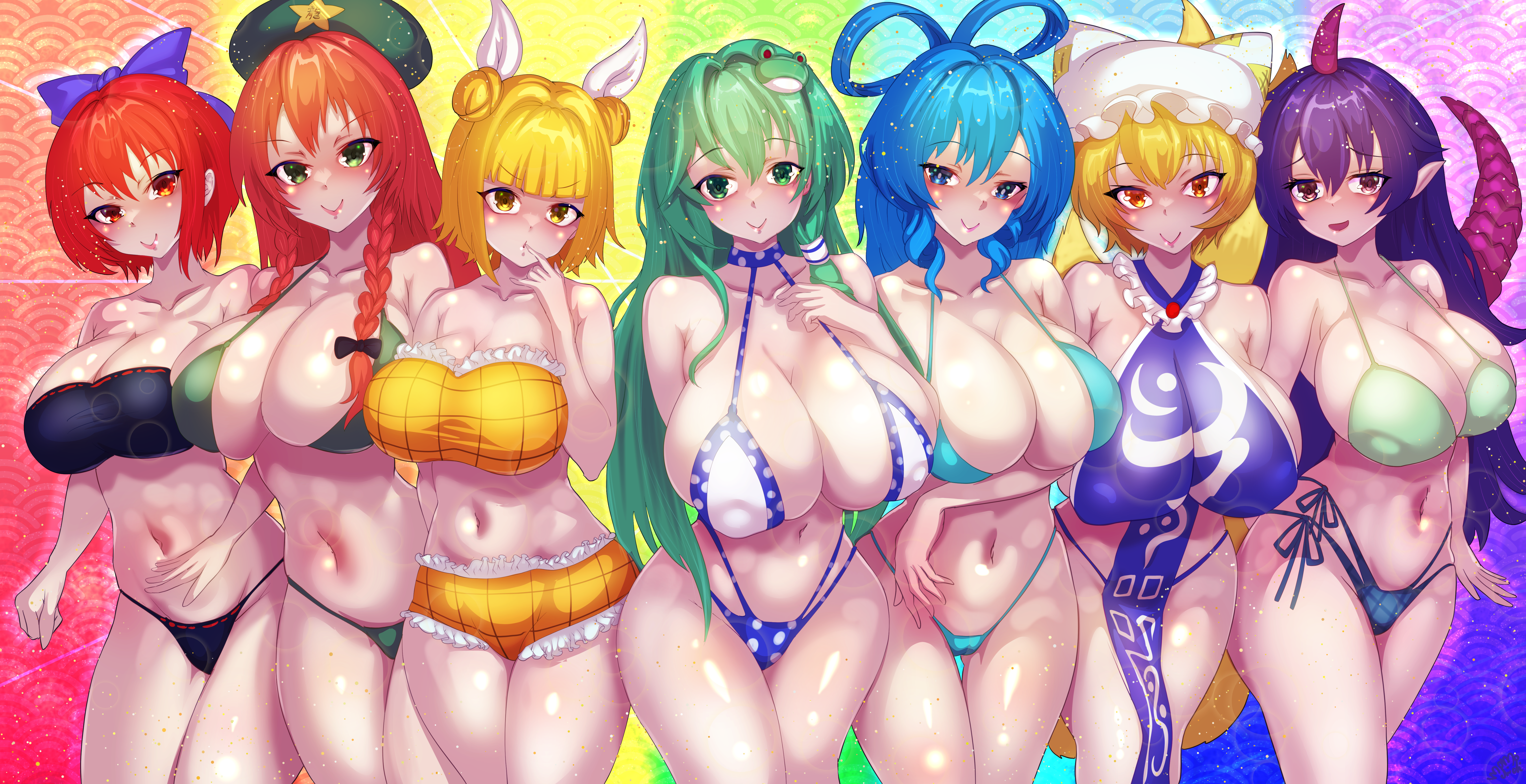 100th black market, 7girls, big breasts, bikini, blonde hair, blue hair, breasts, crossover, embodiment of scarlet devil, female, green eyes, green hair, group, hong meiling, large breasts, mayumi joutouguu, momoyama tits, monster girl, mountain of faith, perfect cherry blossom, purple hair, ran yakumo, red hair, sanae kochiya, seiga kaku, sekibanki, swimsuit, tagme, ten desires, tenkajin chiyari, touhou, wily beast and weakest creature