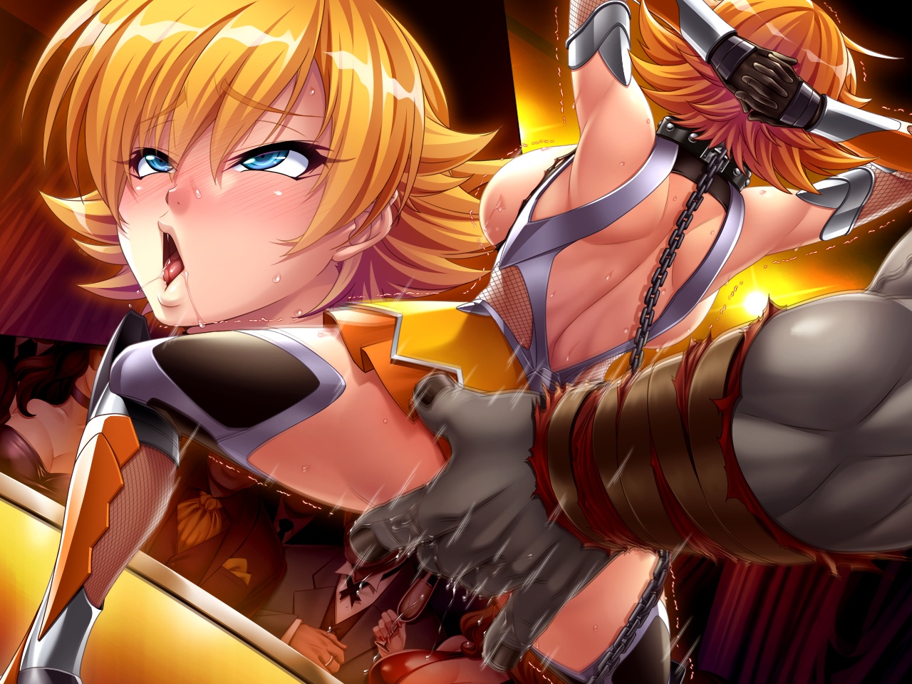 1girls, ass, bdsm, bent knees, censored, chain leash, chained, chains, collar, collared, dark skin, dark-skinned male, female, female focus, fingering, from behind, game cg, hand, hands behind head, human, human female, igawa sakura, kagami hirotaka, legs apart, light skin, light-skinned female, lights, long hair, looking pleasured, male, male/female, metal chain, metal collar, open mouth, orc, orc male, pussy, pussy juice, skirt, slave, slave collar, squatting, stage, straight, taimanin (series), taimanin asagi, taimanin asagi zero, trembling, wet