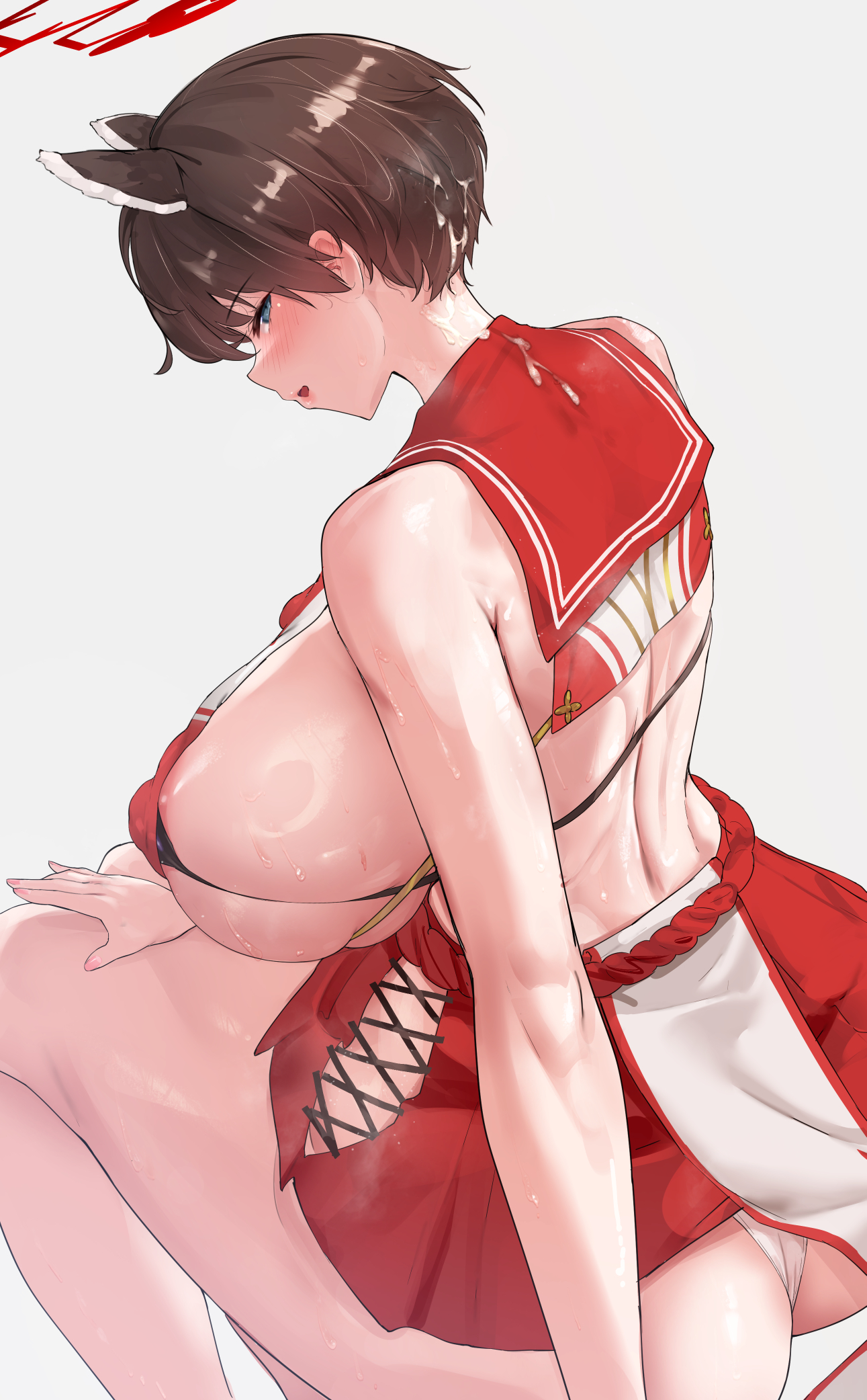 1girls, animal ears, ass, back view, bare shoulders, blue archive, blue eyes, blush, blush lines, breasts, clothed, clothed female, cum, cum on back, cum on hair, female, female only, fingernails, hi res, huge breasts, large areolae, light skin, light-skinned female, looking at viewer, nipple bulge, panties, revealing clothes, seitoedaha, shirt, short hair, short-haired female, sideboob, small clothes, solo, string bra, sweat, thick thighs, thighs, tsubaki (blue archive)