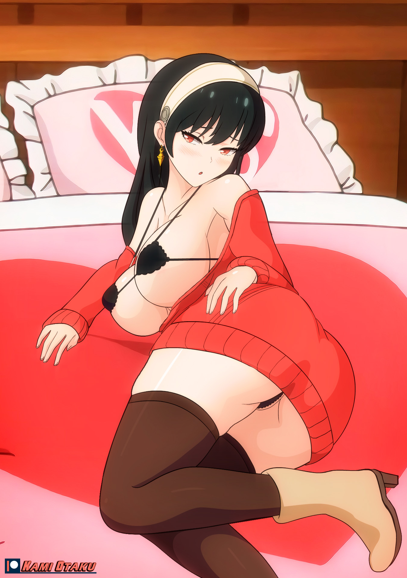 1girls, adoptive mother, adult, adult female, anime milf, arm support, ass, bewitching thighs, big breasts, black bra, black hair, black panties, black underwear, black-haired female, blush, blush face, blushing at viewer, blushing female, blushing lines, bra, breasts, brown legwear, brown stockings, brown thigh highs, brown thighhighs, bubble butt, busty, busty female, busty milf, calves, collarbone, digital, digital art, digital drawing, digital drawing (artwork), digital media, digital media (artwork), earrings, female, female focus, female only, fingers, full body, gluteal fold, hairband, half naked, half nude, hand on ass, hand on butt, hand on own ass, hand on own butt, head tilt, high resolution, highres, hot milf, huge boobs, huge breasts, indoor, indoor nudity, indoors, inframammary fold, kami otaku, knees, large boobs, large breasts, lean figure, legs, legwear, long hair, looking at viewer, lying, lying down, lying on bed, lying on side, mature, mature female, milf, naked, naked female, naked woman, narrow waist, nipple bulge, nude, nude female, nudity, on side, panties, plump breasts, red eyes, red-eyed female, semi nude, shoulders, sidelocks, slender body, slender waist, slim waist, solo, spy x family, stockings, thick ass, thick butt, thick thighs, thigh highs, thighhighs, thighs, tilted head, underboob, underwear, white hairband, wide hips, yor briar, yor forger, young milf, young woman and milf