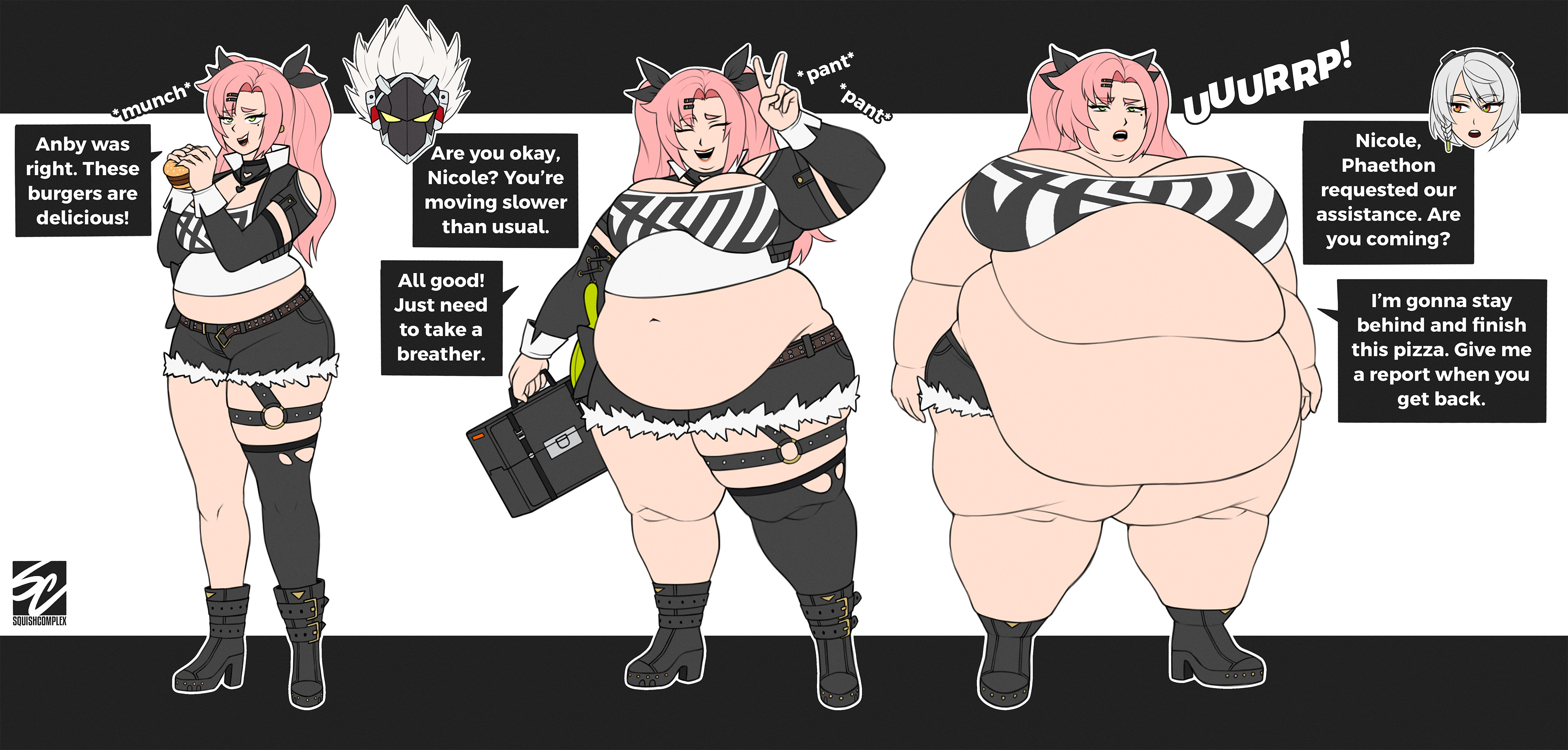 1girls, anby demara, bbw, belch, belching, big belly, billy kid (zenless zone zero), breast expansion, breast growth, breast growth (enlargement), breasts, burp, burp fetish, burping, cunning hares, fat, fat female, fat thighs, female, female only, huge belly, huge breasts, human, large breasts, nicole demara, obese, overweight, overweight female, revealing clothes, solo, solo female, squishcomplex, standing, thick thighs, thunder thighs, transformation, transformation sequence, weight gain, weight gain female, weight gain sequence, zenless zone zero