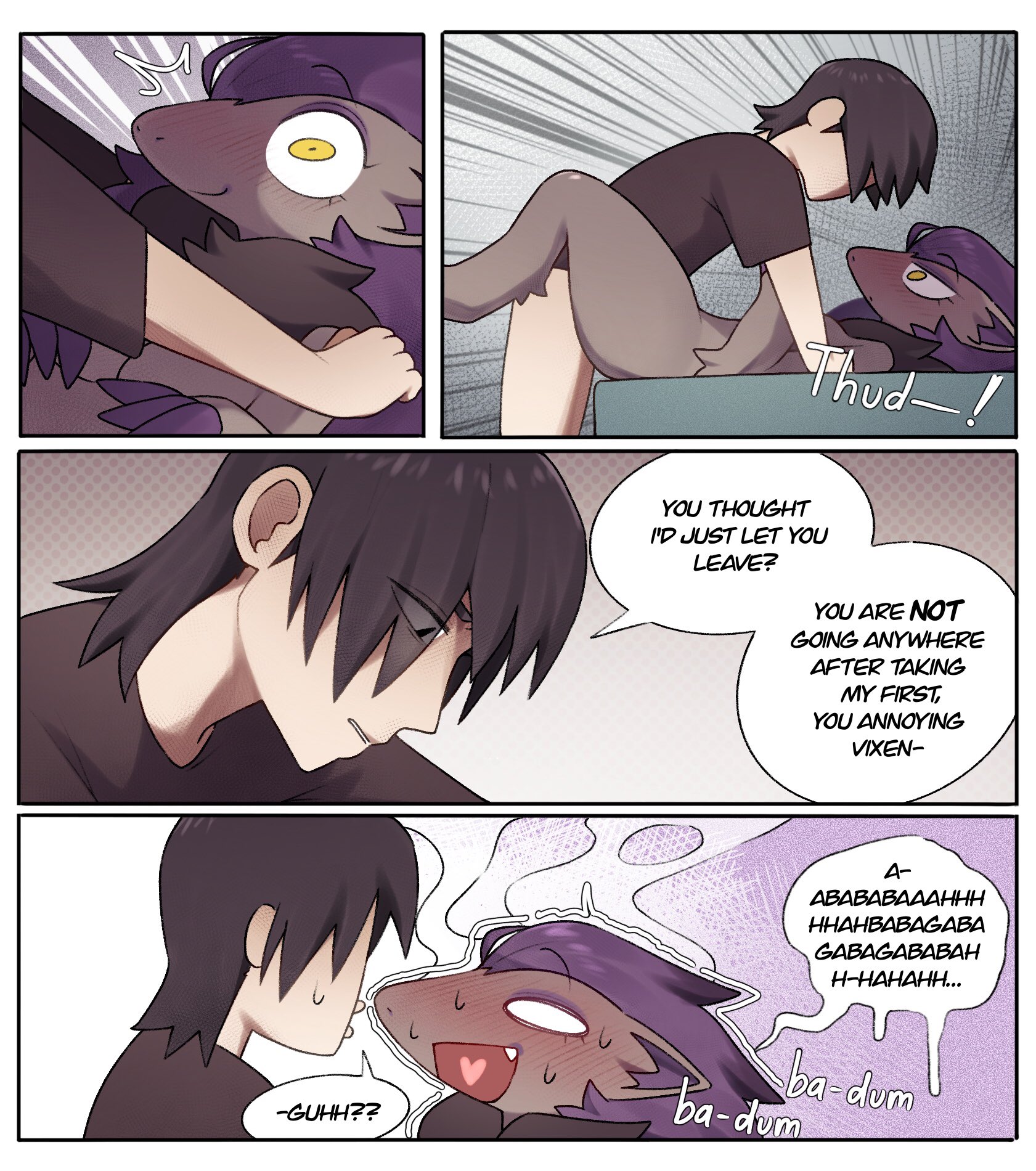 1boy, 1girls, anthro, biped, black body, black fur, blush, bodily fluids, border, bottomless, camille (svkhaiminh), clothed, clothing, comic, dialogue, duo, english text, eyelashes, female, flustered, fur, generation 5 pokemon, grey body, grey fur, hair, hi res, human, human on anthro, interspecies, kyle (svkhaiminh), male, male on anthro, male/female, mammal, multicolored body, multicolored fur, nintendo, pokemon, pokemon (species), pokephilia, pupils, purple body, purple fur, question mark, shiny pokemon, speech bubble, svkhaiminh, sweat, text, topwear, white border, yellow eyes