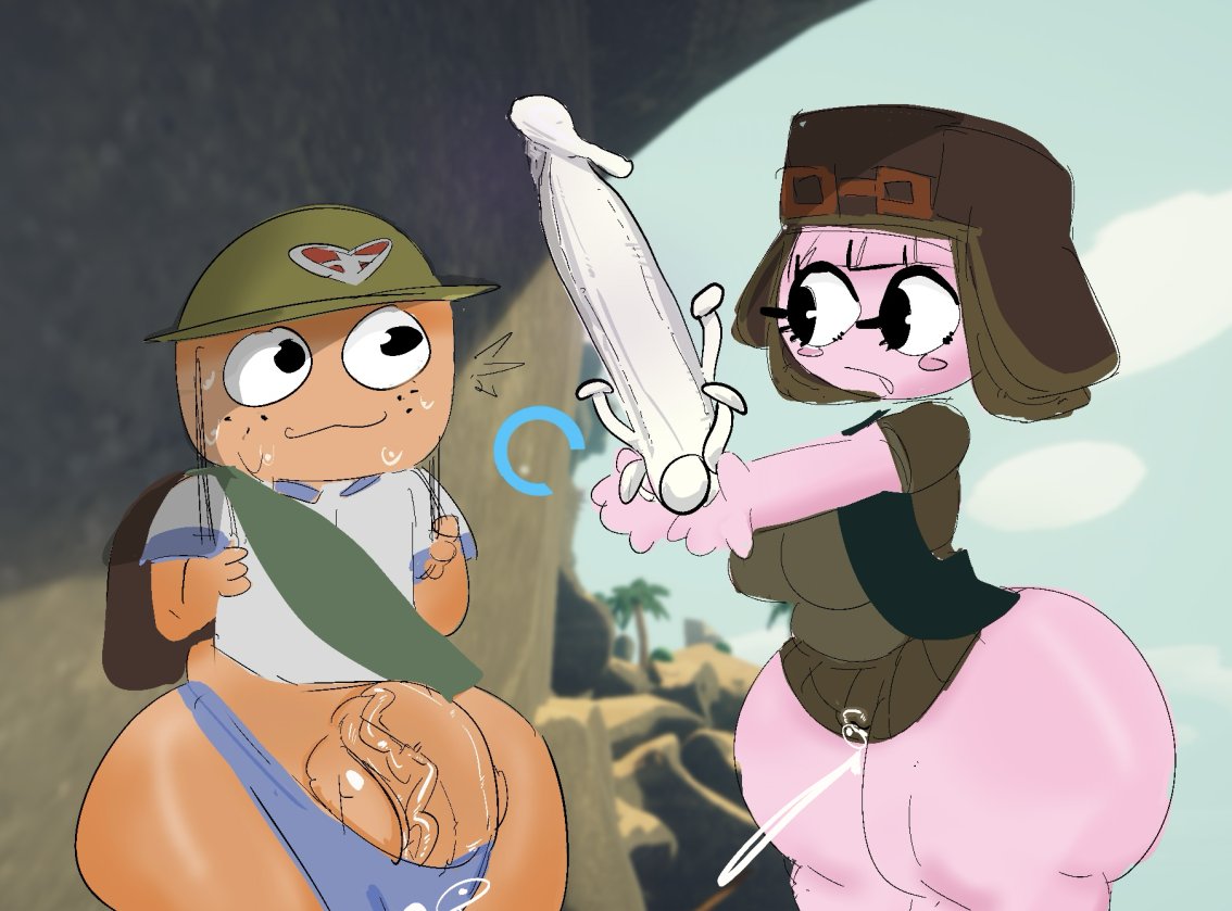 1boy, 1girl, big butt, big eyes, big penis, cumming, female, greaseyhair, half naked, huge cock, long corona of glans penis, male, mushroom, mushroom penis, no nose, noseless, orange skin, peak (videogame), penis, pink skin, pussy, pussy ejaculation, scout, scout (peak)