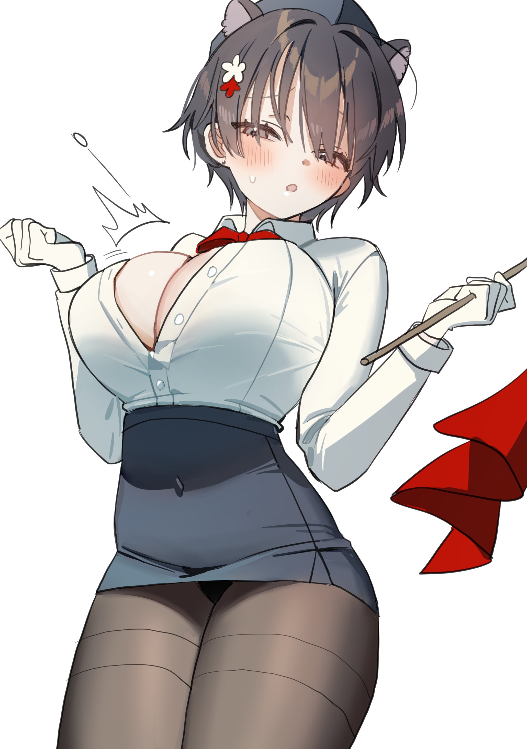 1girls, academy, alliance, alternate costume, animal ears, big breasts, black hair, black hat, blue archive, blush, breasts, button pop, cleavage, female, flower in hair, highres, huge breasts, hyakkiyako alliance academy, kemonomimi, official alternate costume, pantyhose, pencil skirt, q2 qee, short hair, skirt, solo, thighhighs, tsubaki (blue archive), tsubaki (guide) (blue archive), video game character, white shirt