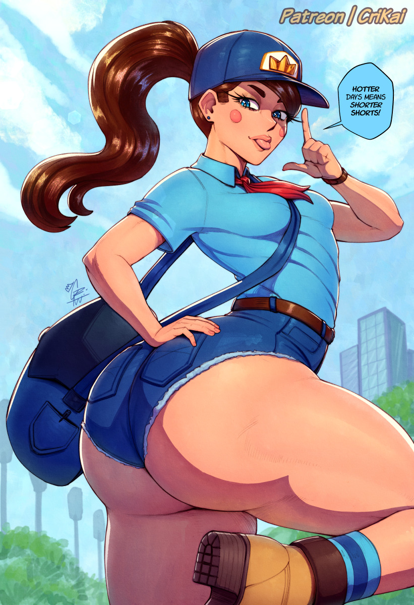 1girls, ass, ass hanging out, ass hanging out of shorts, booty shorts, breasts, crimson kaiserin, english text, female, female focus, female only, large ass, light skin, light-skinned female, looking at viewer, looking back, original, ponytail, poste haste (crimson kaiserin), short shorts, shorts, solo, text, thick thighs, thighs, wide hips