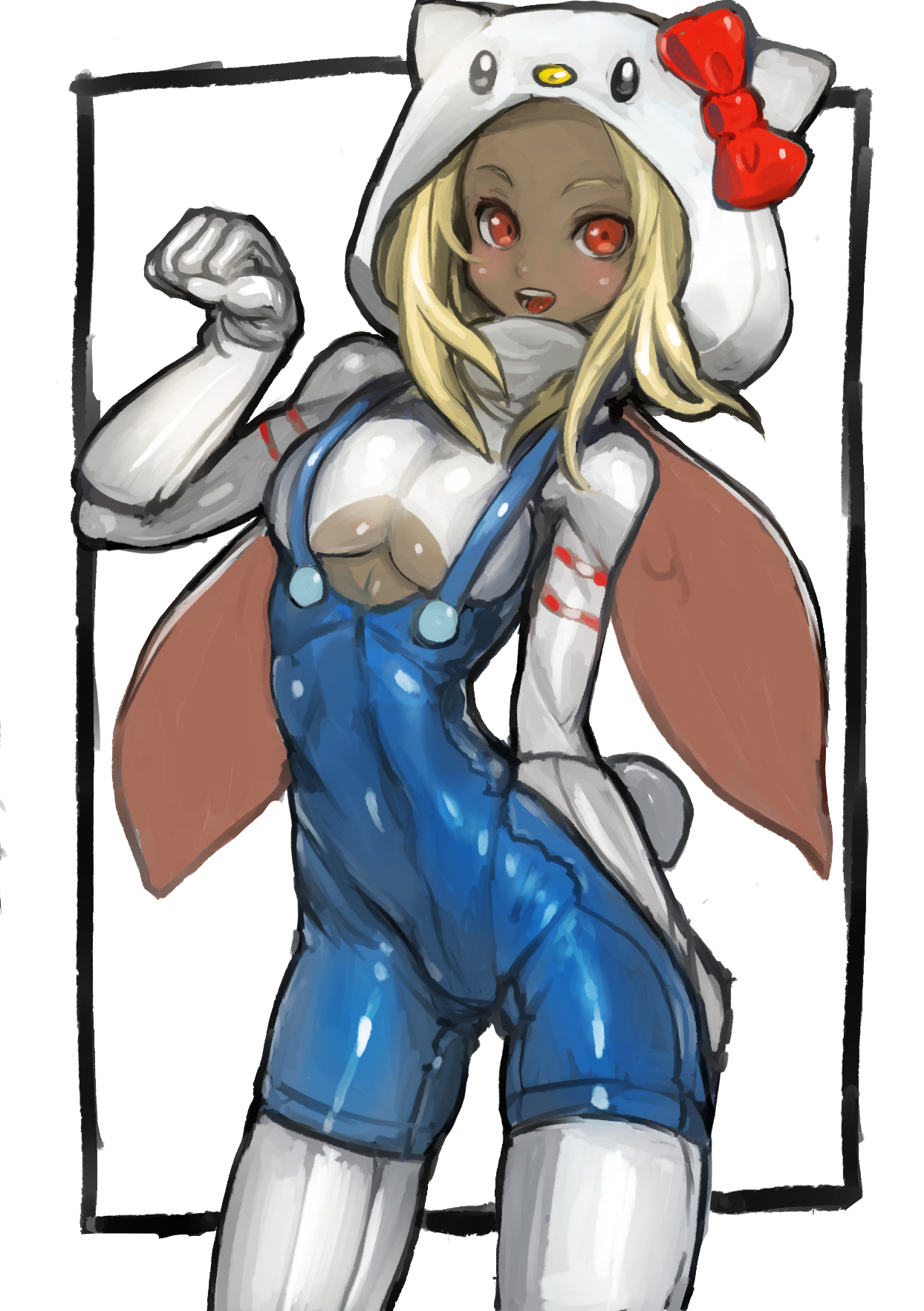blonde female, boob window, breast cutout, breasts, cosplay, dakusuta, dark-skinned female, female, gravity rush, hello kitty (series), hoodie, kat (gravity rush), latex clothing, overalls, shiny clothes, underboob