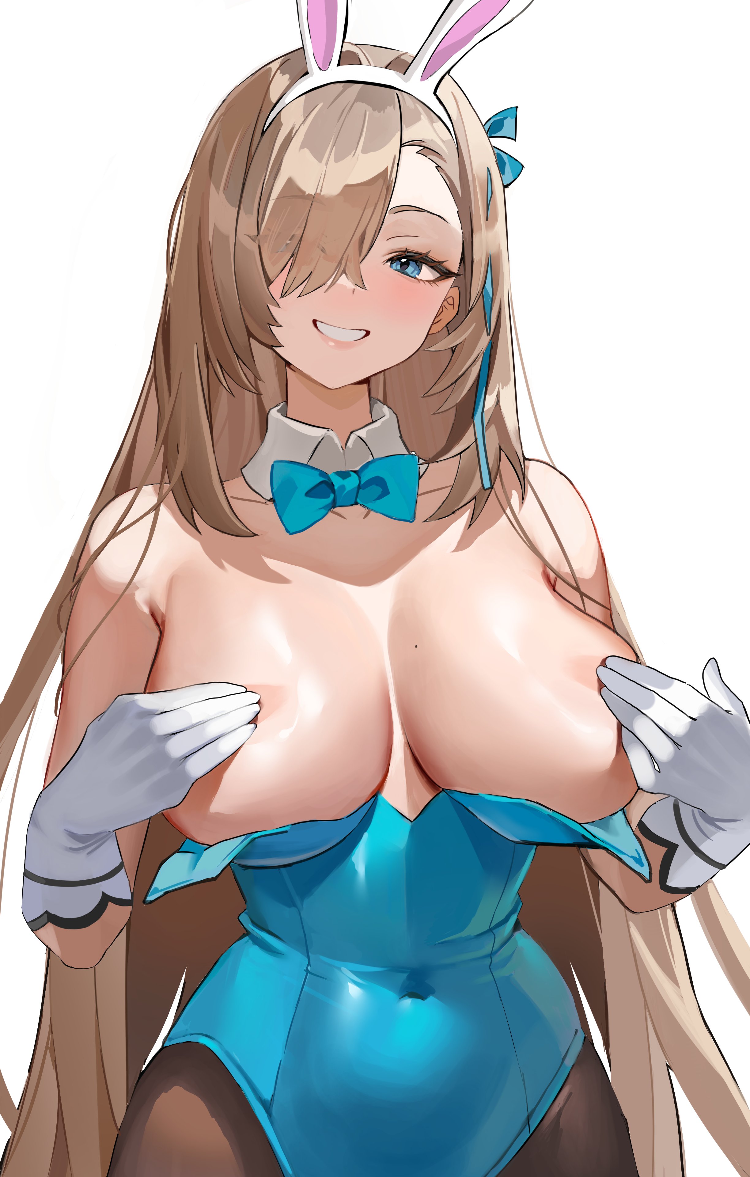 asuna (blue archive), asuna (bunny girl) (blue archive), asuna (bunny) (blue archive), big breasts, blonde hair, blue archive, bowtie, breasts, bunny ears, bunnysuit, cleaning & clearing (blue archive), covered nipples, covering breasts, female, high resolution, huge breasts, long hair, millennium science school student, mole on breast, q2 qee, video game character