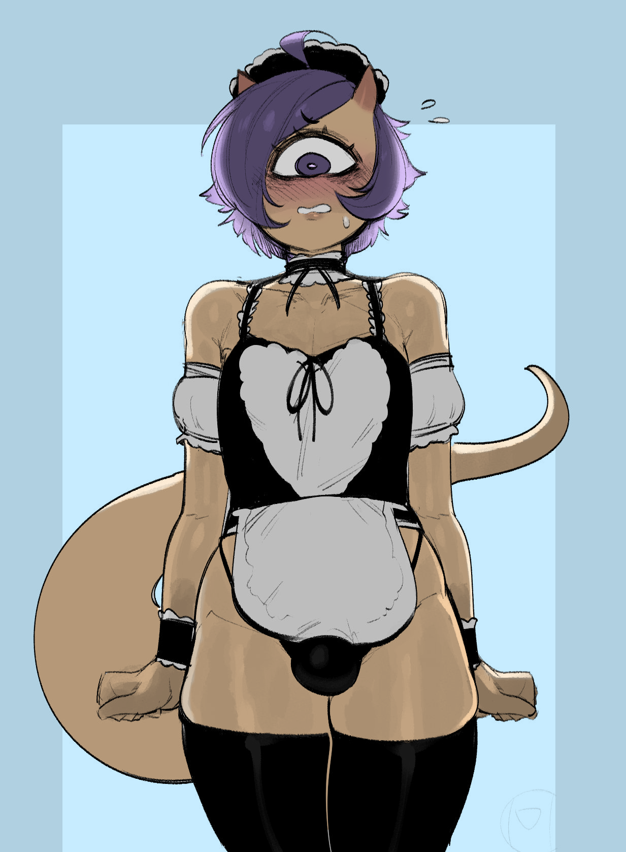 1boy, ansel (anaid), bulge, color, color edit, colored, colored sketch, coloring page, colorshun, femboy, femboy only, krekk0v, maid, maid outfit, maid uniform, male, male only, purple hair, rubber, solo, standing, tailclops (species)