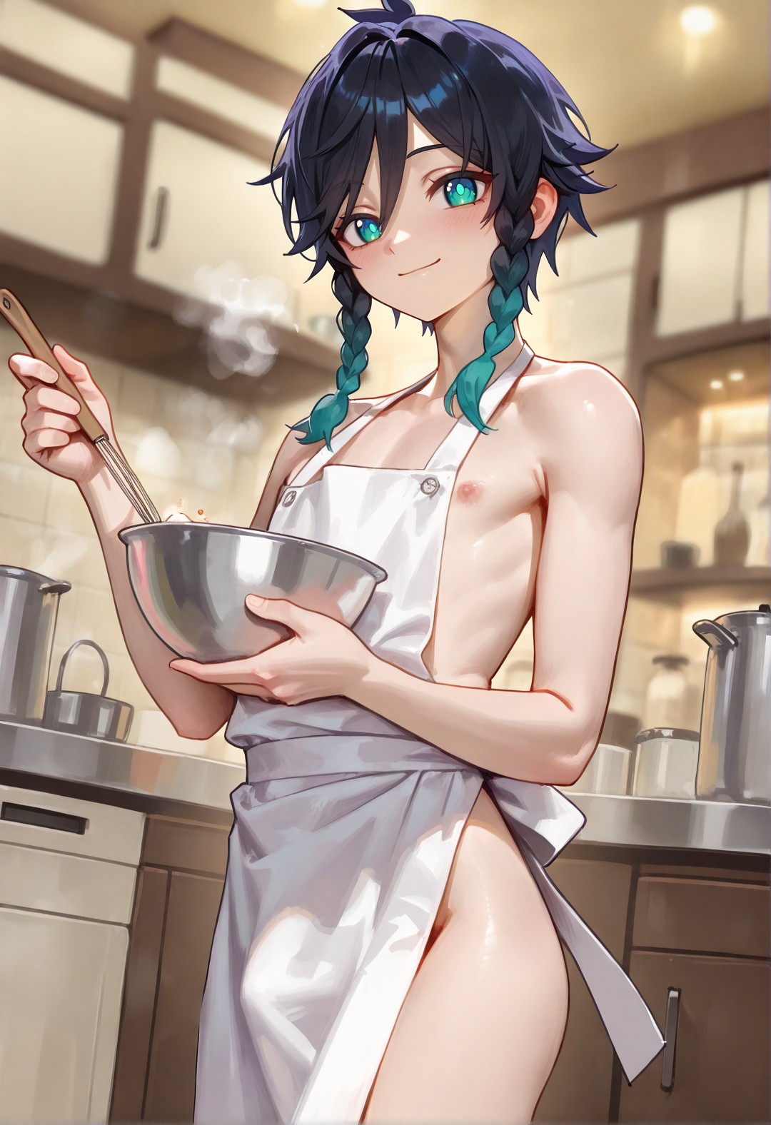 1boy, ai generated, apron, artist request, blush, bulge, cooking, cute, cute face, cute male, femboy, feminine, feminine male, gay, genshin impact, girly, hanahana, kitchen, looking at viewer, male, pixiv, pov, pov eye contact, solo, solo male, trap, venti (genshin impact), wholesome