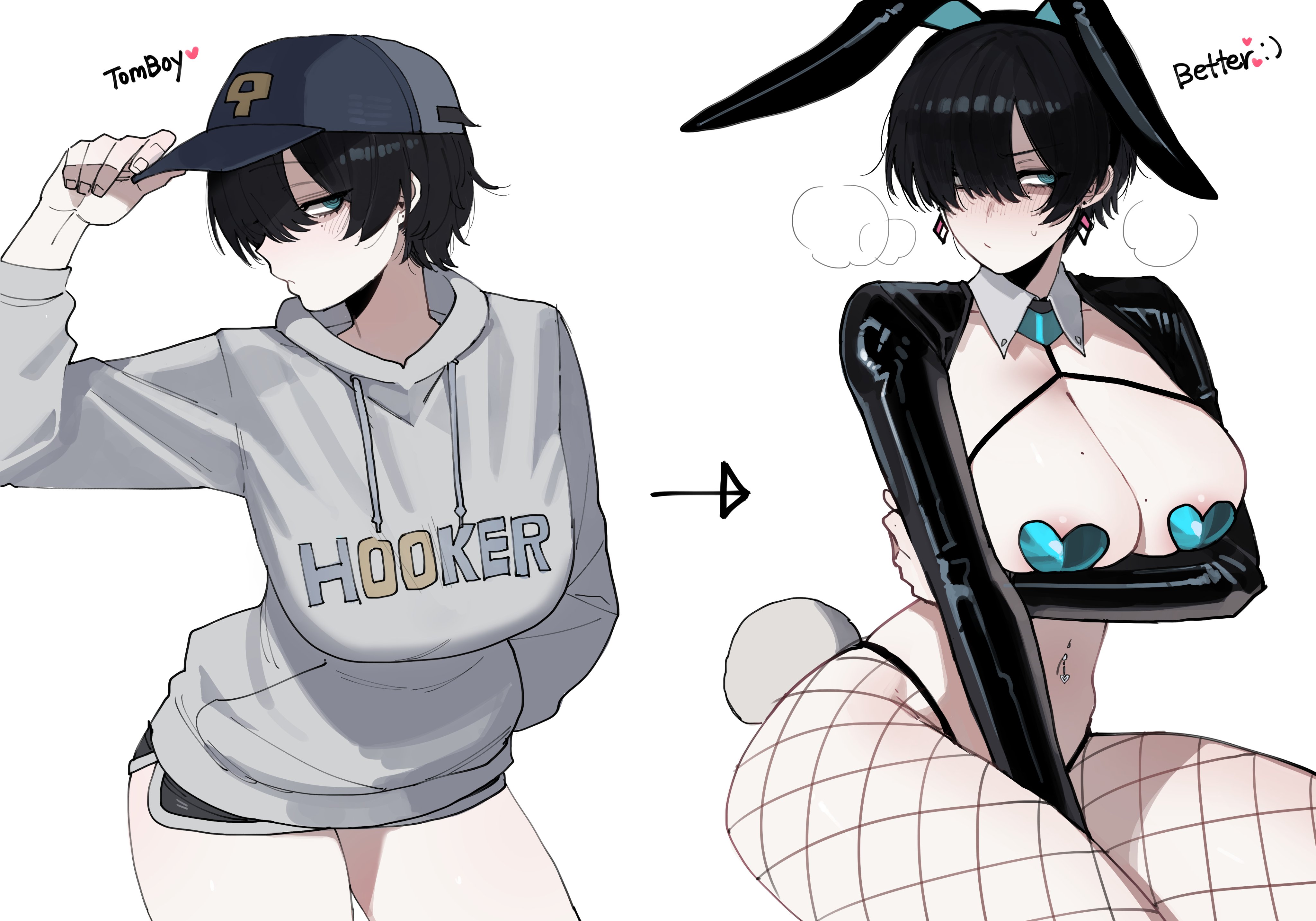 1girls, 2025, 2d, absurd res, before and after, breasts, bunny ears, bunny tail, bunnysuit, cap, female, female focus, female only, femsub, fishnet legwear, fishnets, heart-shaped pupils, hi res, human, large breasts, light skin, light-skinned female, mole, mole on breast, mole under eye, navel piercing, original, original character, pasties, ratatatat74, reverse bunnysuit, short hair, short shorts, shorts, solo, sweater, tagme, thick thighs, thighs, tomboy, tomboy bimbofication, very short hair, white background, wide hips