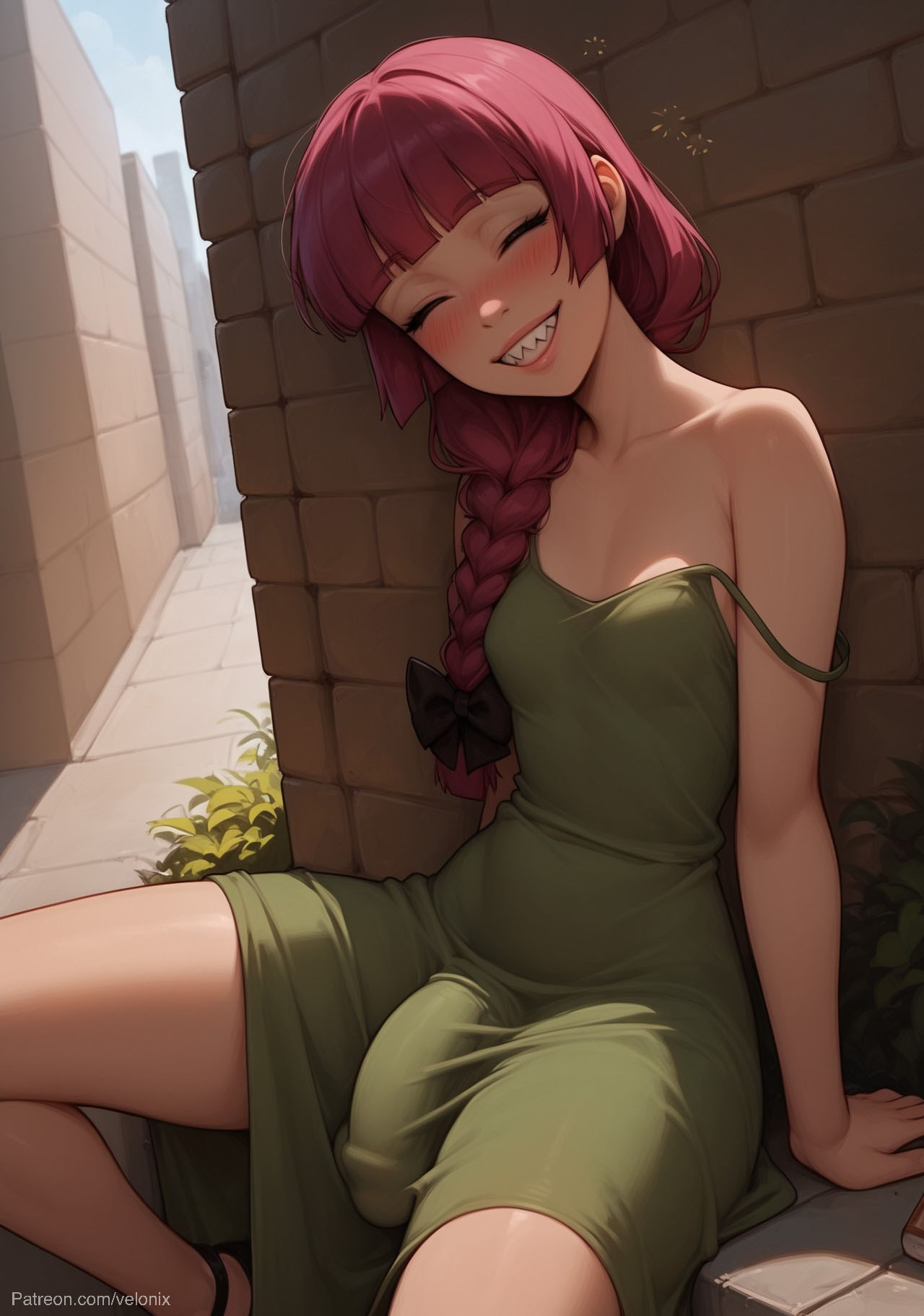 1futa, ai generated, ass, balls, big ass, big breasts, big butt, big hips, big penis, braid, braided hair, breasts, cleavage, closed eyes, dick, dickgirl, dress, dress straps, drunk, eyebrows, eyelashes, futa only, futanari, green dress, grin, grinning, grinning at viewer, hair, hands-free, hiroi kikuri, huge cock, indoors, intersex, lips, long hair, looking at viewer, makeup, narrow waist, narrowed eyes, nose, outside, penis, purple hair, seducing, seductive, seductive eyes, seductive gaze, seductive look, seductive mouth, seductive pose, seductive smile, sharp teeth, small dress, smile, smile at viewer, smiley face, smooth balls, smooth penis, smooth skin, solo, solo dickgirl, solo focus, solo futa, street, testicles, velonix