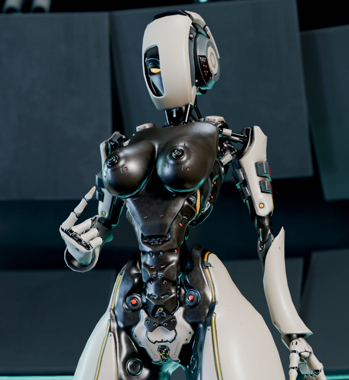 1 eye, 1girls, 3d, breasts, breasts out, female, glados, glados (humanoid), glados (thiccythings), humanoid, looking at viewer, metallic body, one eye obstructed, pointing, portal (series), robot, robot girl, robot humanoid, solo, thiccythings, yellow eyes