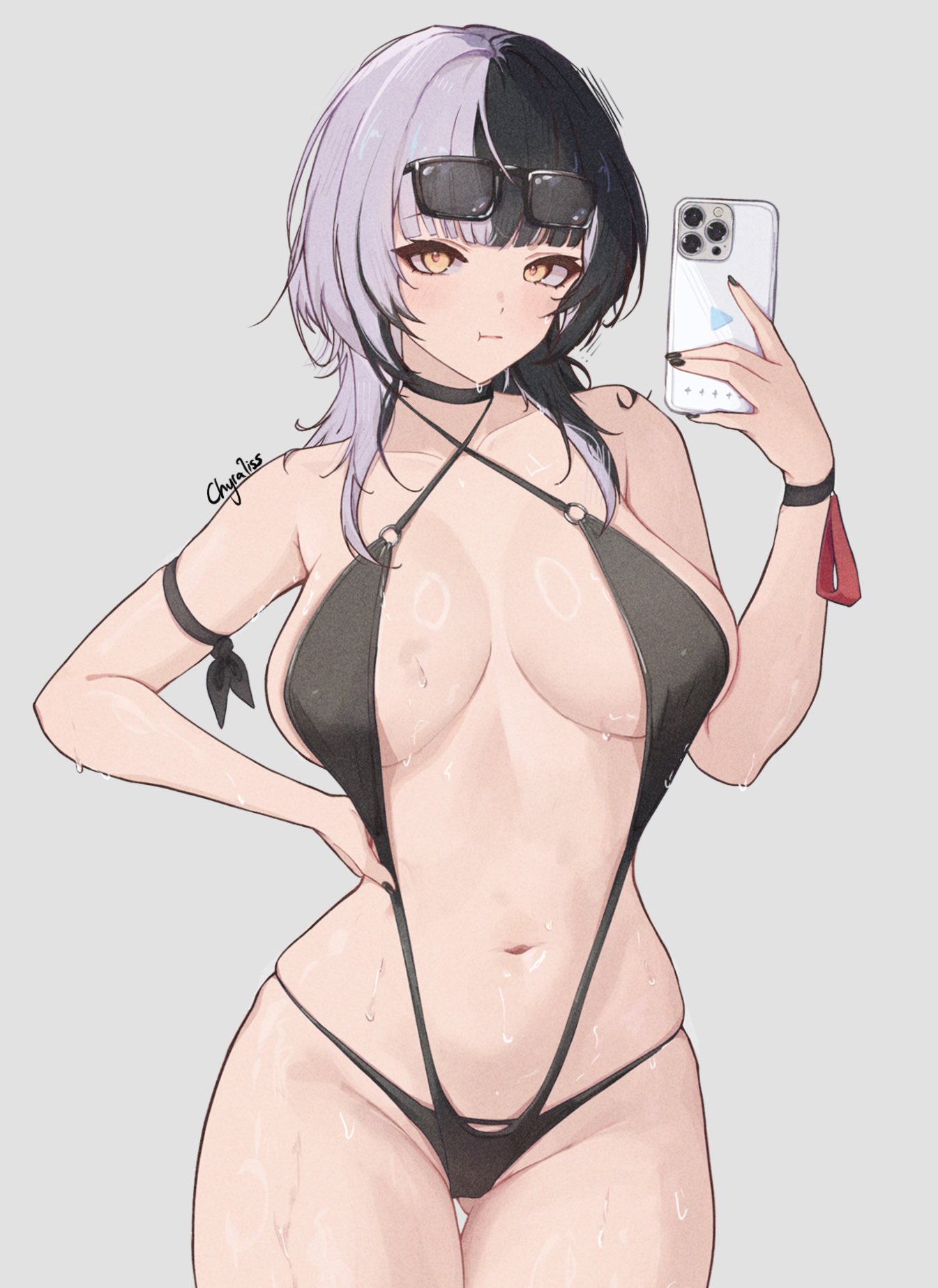 annoyed, black nails, breasts, cellphone, chyraliss, criss-cross halter, female, hololive, hololive english, hololive english -advent-, large breasts, looking at viewer, midriff, multi-strapped bikini, navel, pout, shiori novella, signature, sling bikini, thighs, virtual youtuber, wet, wet skin