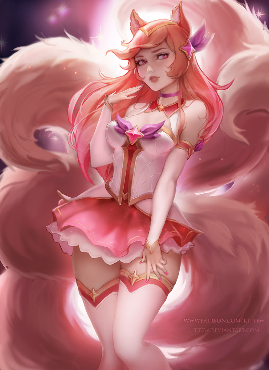 1girls, ahri, animal ears, choker, ear, female, headgear, kittew, league of legends, school uniform, skirt, solo, star guardian, star guardian ahri, star guardian series, stockings, tail, thighhighs