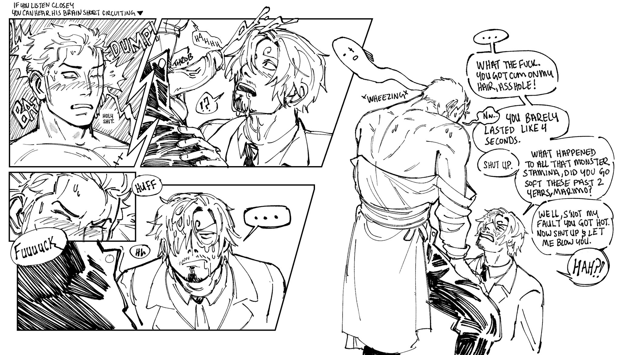 ..., 2boys, 2d, 2d (artwork), 2d artwork, 2male, 2man, 2men, angry, angry eyes, angry face, blowjob, blush, blush lines, blushing male, chest scar, clothed, clothing, comic, comic page, cumming, cumming on face, dressed, earrings, english, english commentary, english dialogue, english language, english text, eye scar, facial, facial hair, fellatio, fully clothed, fully clothed male, fully dressed, gay, gay blowjob, gay male, gay sex, grayscale, heavy breathing, homo, homoerotic, homosexual, homosexual male, homosexual sex, male, male only, mini comic, muscular male, one piece, onomatopoeia, oral, oral penetration, oral sex, page 3, pubic hair, roronoa zoro, sanji, sanji (one piece), shocked, shocked expression, shocked eyes, short hair, sinkurteeth, suprised, suprised expression, suprised eyes, suprised face, suprised look, uncolored, vinsmoke sanji, zoro (one piece)