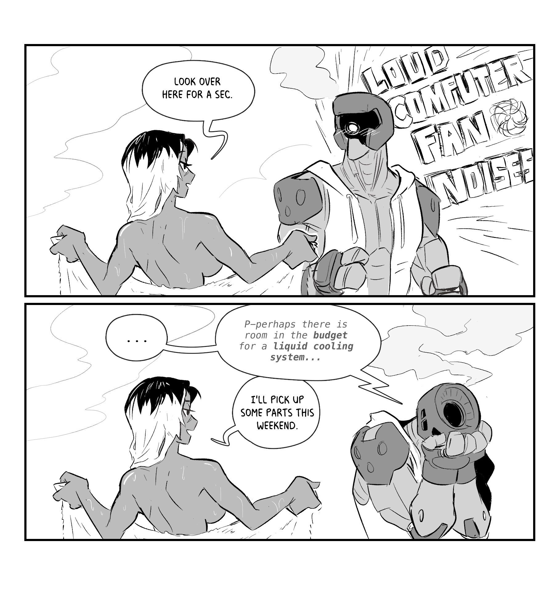 1boy, 1girls, beck (spicymancer), breasts, couple, embarrassed, female, flashing, flashing breasts, large breasts, male, naked towel, rumble after dark, shoto (spicymancer), sideboob, spicymancer, tagme, towel
