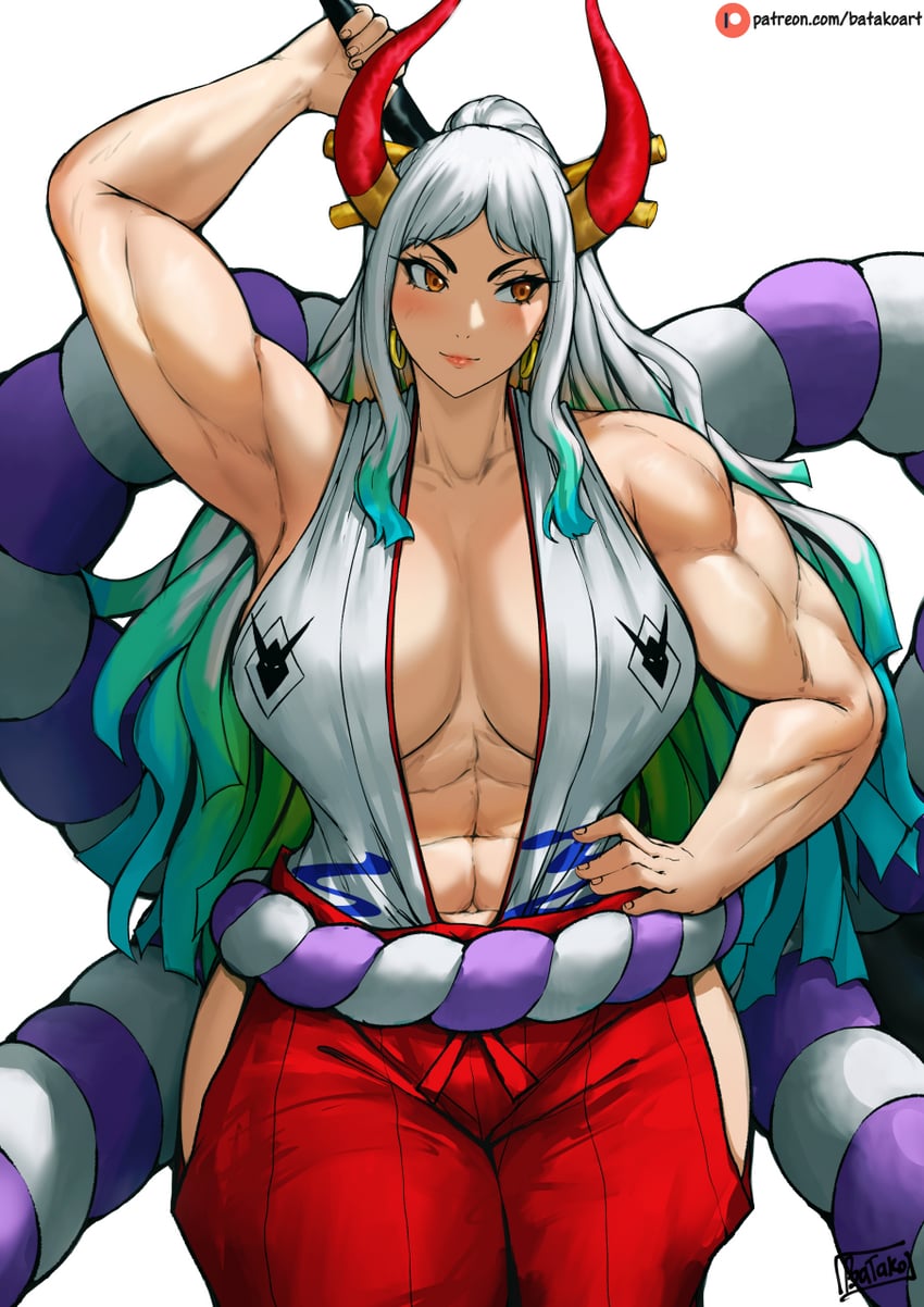 1girls, 2d, abs, armpits, artist name, bare shoulders, batako, batako (batakoart), biceps, big breasts, blue hair, blush, breasts, brown eyes, cleavage, clothed, clothing, clothing cutout, club (weapon), collarbone, commentary, curvy, ear piercing, earrings, english commentary, female, female focus, female only, full color, fully clothed, gradient hair, green hair, hakama, hakama pants, hand on hip, hand on own hip, hi res, highres, hip vent, holding, holding weapon, hoop earrings, horned humanoid, horns, humanoid, inner sideboob, japanese clothes, kimono, large breasts, light skin, light smile, light-skinned female, long hair, looking away, multicolored hair, muscles, muscular, muscular female, navel, no penetration, one piece, oni, oni horns, open clothes, open kimono, orange eyes, pants, pink lips, ponytail, red hakama, red horns, revealing clothes, sideboob, simple background, sleeveless, sleeveless kimono, solo, solo female, sternocleidomastoid, sternocleidomastoid muscle, two-tone hair, weapon, web address, white background, white hair, white kimono, white-haired female, wide hips, yamato (one piece)