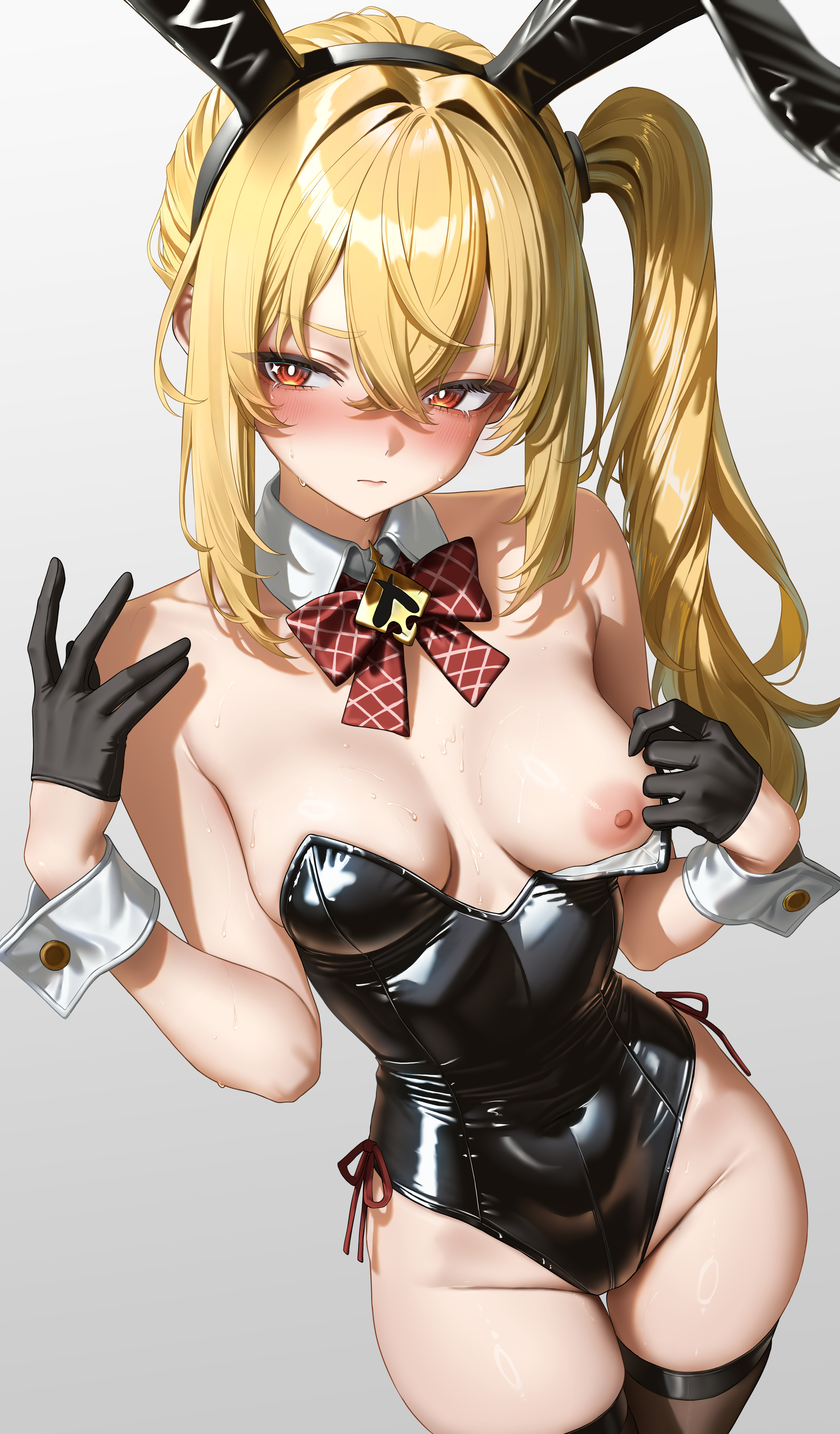 1girls, absurd res, ai generated, black gloves, blonde hair, blush, breasts, bunny ears, bunny girl, bunnysuit, embarrassed, female, luciana de montefio, lucy (zenless zone zero), medium breasts, mihoyo, petite, red eyes, side ponytail, visible nipples, white collar, wrist cuffs, zenless zone zero