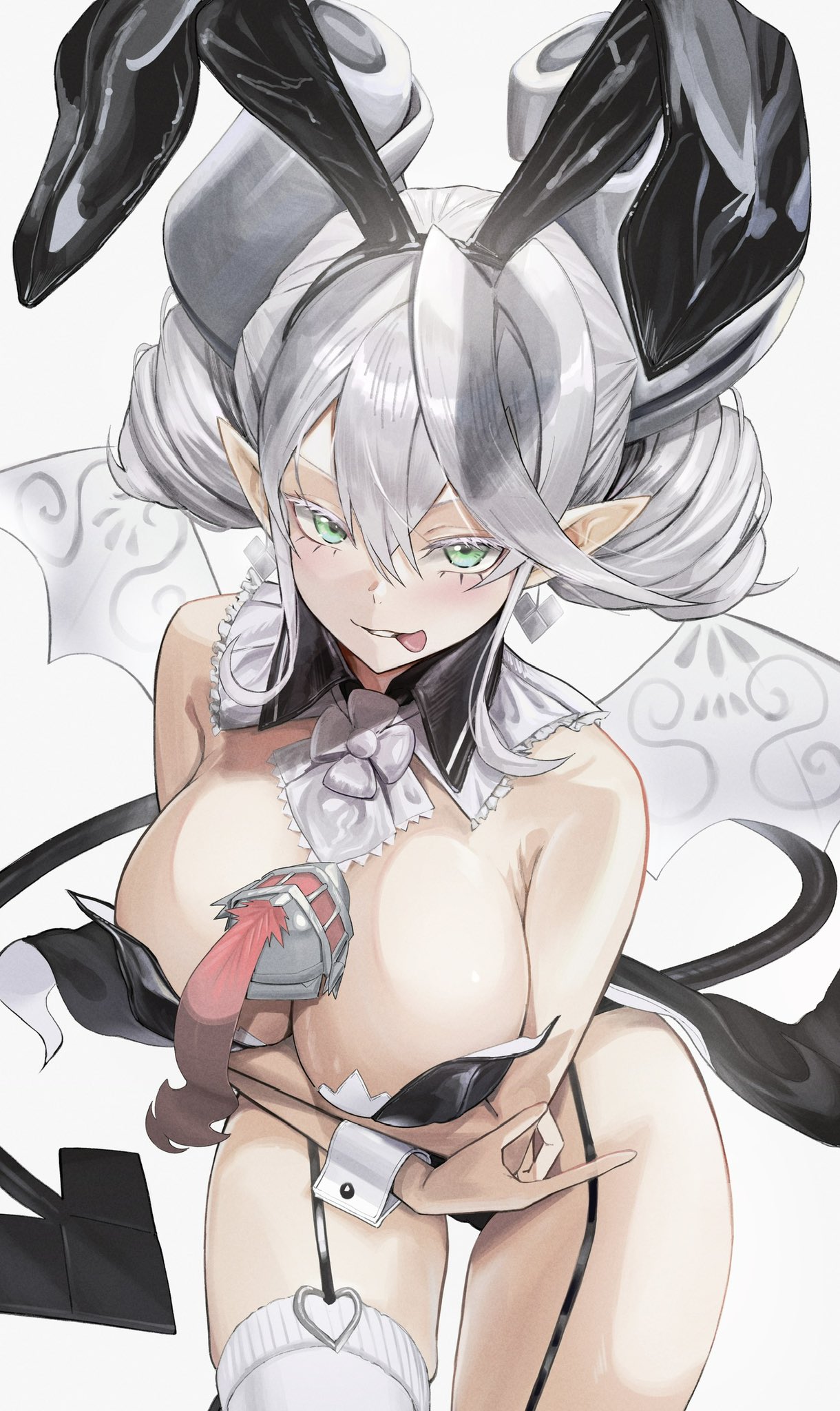 1girls, blush, breasts, bunny ears, bunnysuit, demon, demon girl, demon horns, duel monster, earrings, female, female only, focus, fringe, green eyes, hi res, highres, horns, konami, labrynth of the silver castle, lady labrynth of the silver castle, legwear, leotard, looking at viewer, lovely labrynth of the silver castle, necktie, princess, seductive, seductive smile, semi nude, silver eyes, smile, solo, sow72853631, tail, tongue, tongue out, twintails, white background, white hair, wings, woman, yu-gi-oh!