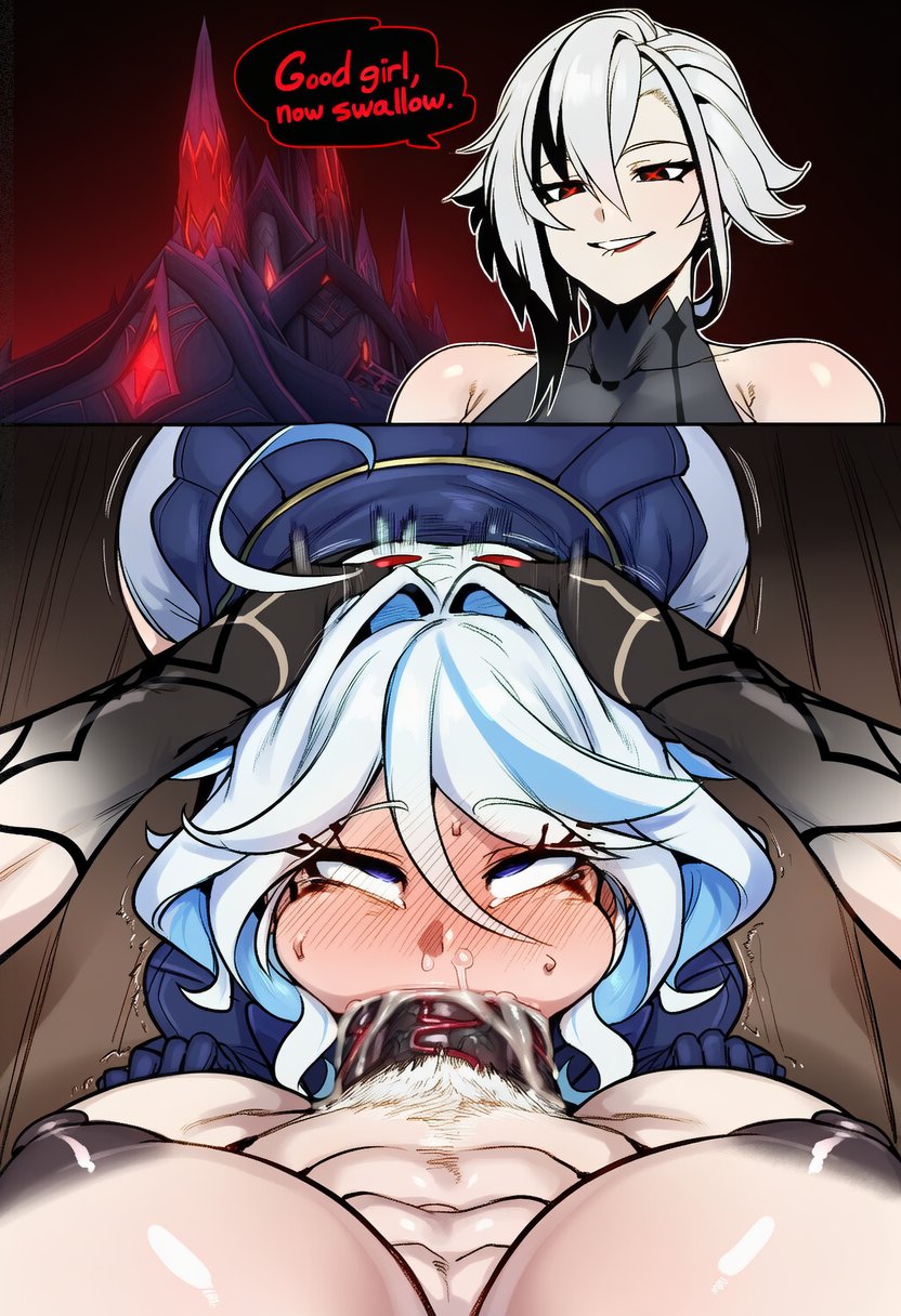 1futa, 2d, 2girls, ahoge, ai generated, arlecchino (genshin impact), big breasts, big cock, big penis, black eyes, black hair, blue eyes, blue hair, blush, breasts, cock, cum, cum in mouth, cum in nose, cum inside, cum overflow, cyreneceo, deep penetration, deepthroat, english, english text, eyes rolled back, eyes rolling back, fellatio, female, furina (genshin impact), futa pov, futa with female, futa/female, futanari, genshin impact, gloves, grin, hair between eyes, head grab, huge cock, irrumatio, large breasts, large cock, large penis, makeup, multicolored hair, multiple girls, muscles, muscular, muscular futa, navel, oral, penis, pov, pov crotch, pubic hair, rolling eyes, runny makeup, smile, speech bubble, streaked hair, symbol-shaped pupils, text, thick cock, thick penis, thighs, two-tone hair, uncensored, vein, veins, veiny, veiny cock, veiny penis, white hair