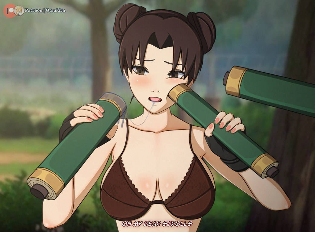 1girls, bangs, bare shoulders, big breasts, bra, breasts, brown eyes, brown hair, busty, cleavage, commentary, curvaceous, curvy, curvy body, curvy female, curvy figure, double bun, female, female focus, female only, hair buns, hi res, high resolution, highres, holding object, huge breasts, improvised dildo, improvised sex toy, koikatsu, kunoichi, large breasts, light skin, light-skinned female, lingerie, looking at viewer, micro bikini, midriff, naruto, naruto (series), naruto shippuden, ninja, otsukira, pale skin, pale-skinned female, panties, pinup, pose, posing, scroll, sexually suggestive, short hair, shounen jump, side-tie bikini, sideboob, skimpy, solo, solo female, solo focus, suggestive, talking, tenten, text, tied hair, twin buns, underwear