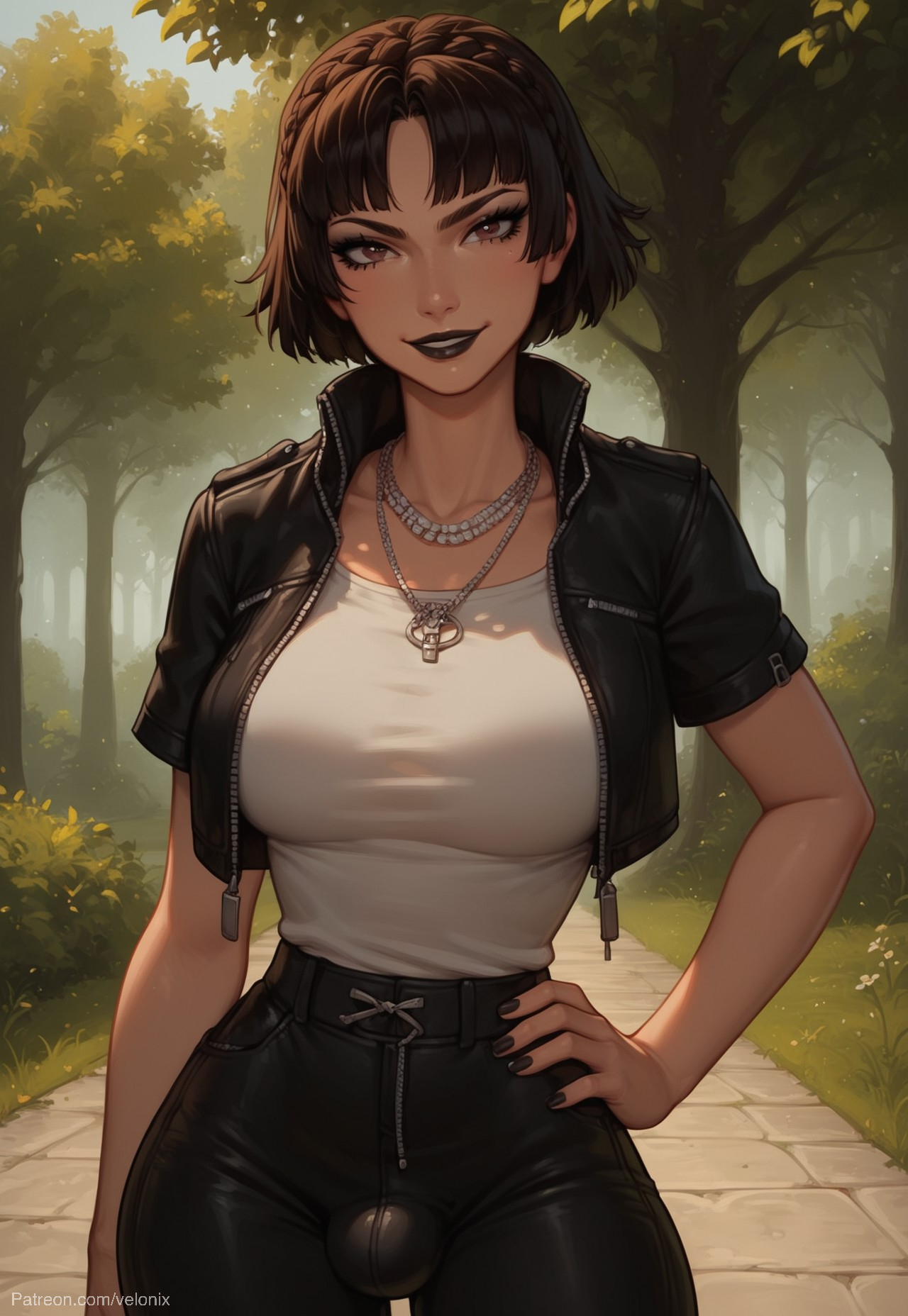 1futa, ai generated, ass, balls, big ass, big breasts, big butt, big hips, big penis, black eyeshadow, black jacket, black lip, black lips, black lipstick, black makeup, braided hair, breasts, brown hair, cleavage, dick, dickgirl, eyebrows, eyelashes, female, from below, futa only, futanari, goth, goth futa, goth girl, goth makeup, gothic, gothic girl, gothified, grin, grinning, grinning at viewer, hair, hands-free, huge cock, indoors, intersex, jacket, latex, leather, leather pants, lips, long hair, looking at viewer, makeup, makoto niijima, narrow waist, narrowed eyes, nose, pants, penis, persona, persona 5, persona 5 royal, red eyes, seducing, seductive, seductive eyes, seductive gaze, seductive look, seductive mouth, seductive pose, seductive smile, shirt, smile, smile at viewer, smiley face, smooth balls, smooth penis, smooth skin, solo, solo dickgirl, solo focus, solo futa, taker pov, testicles, velonix, white shirt