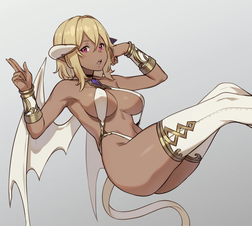 breasts, cleavage, dark skin, dark-skinned female, demon, female, female only, fully clothed, horns, houtengeki, looking at viewer, red eyes, solo, thighhighs, wings