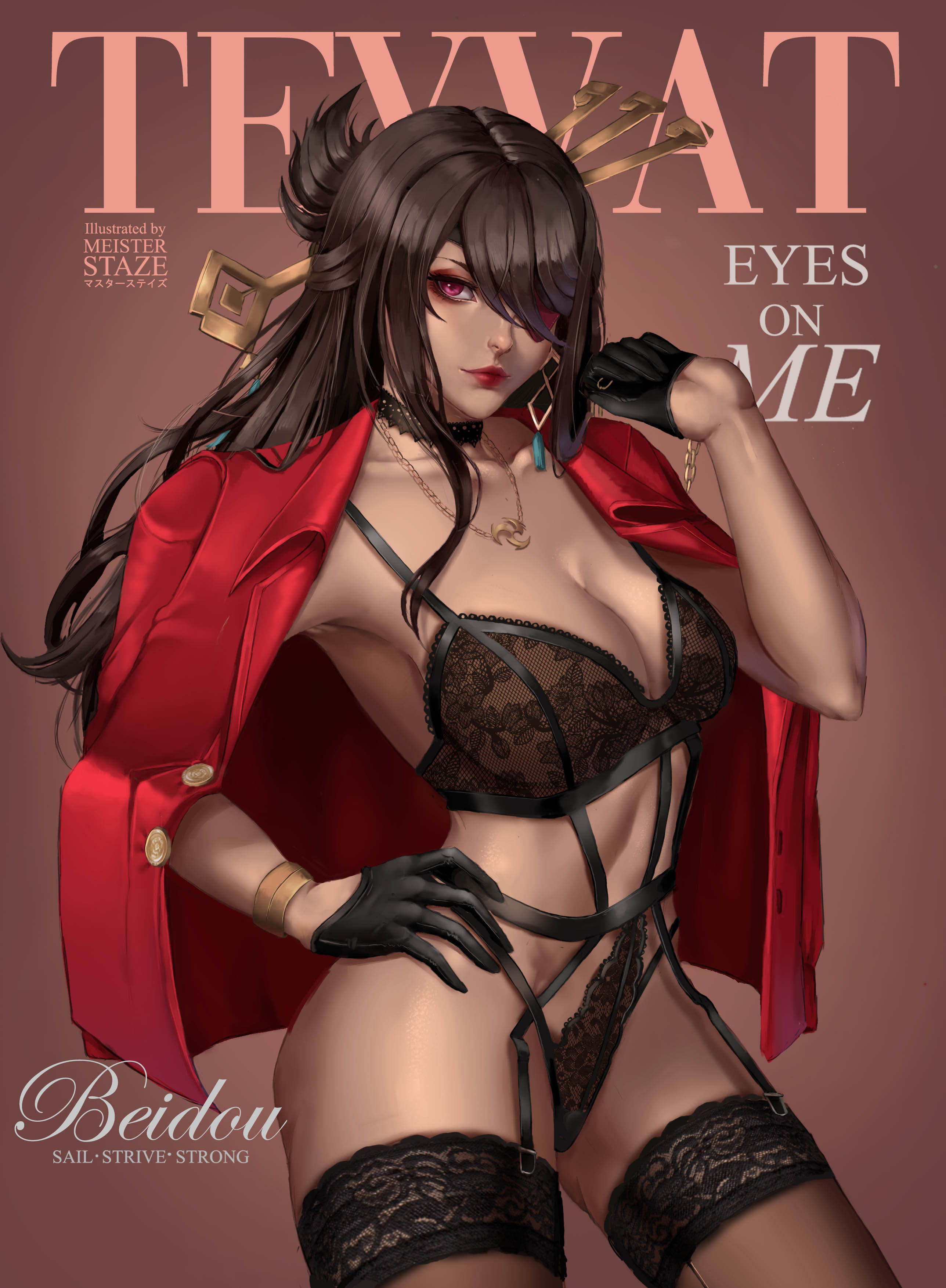 1girls, 2021, beidou (genshin impact), big breasts, black bra, black panties, black thighhighs, bra, breasts, brown hair, cleavage, coat, ear piercing, earrings, english, english text, eyepatch, eyewear, female, female only, garter belt, garter straps, genshin impact, gloves, hair, hair ornament, hand on hip, handwear, lace, lace-trimmed bra, lace-trimmed panties, lace-trimmed thighhighs, lingerie, lips, long hair, mature, mature female, meister staze, necklace, neckwear, one eye obstructed, open coat, panties, pink eyes, solo, solo female, text, thighhighs