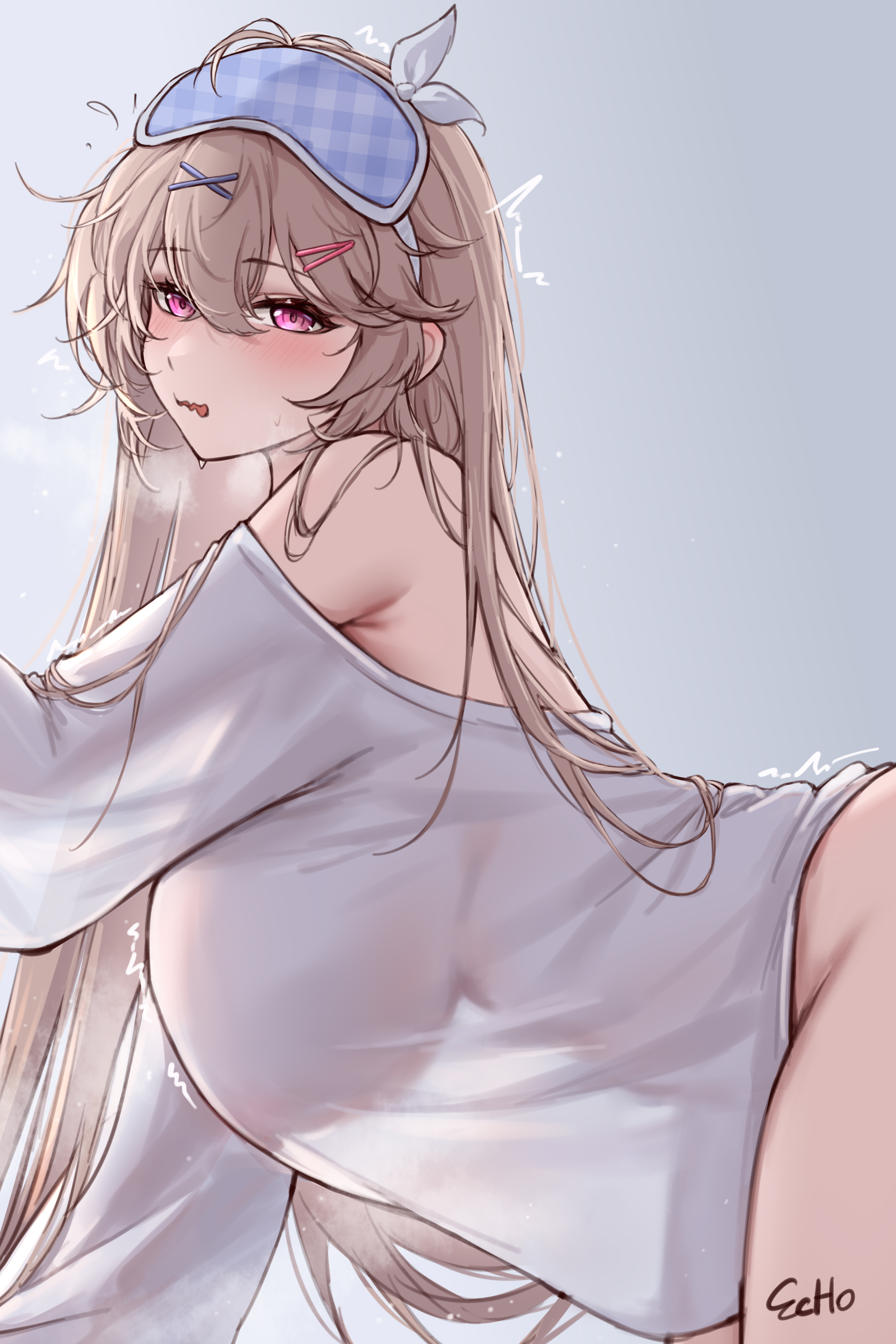 all fours, anchorage (azur lane), anchorage (sweet evening milk) (azur lane), artist name, azur lane, bare shoulders, blush, breasts, brown hair, cg, e.c.ho, female, from side, hair between eyes, hair ornament, hairclip, hanging breasts, large breasts, light brown hair, long hair, long sleeves, looking at viewer, off shoulder, open mouth, pink eyes, purple eyes, see-through silhouette, shirt, simple background, sleep mask, solo, very long hair, white shirt, x hair ornament