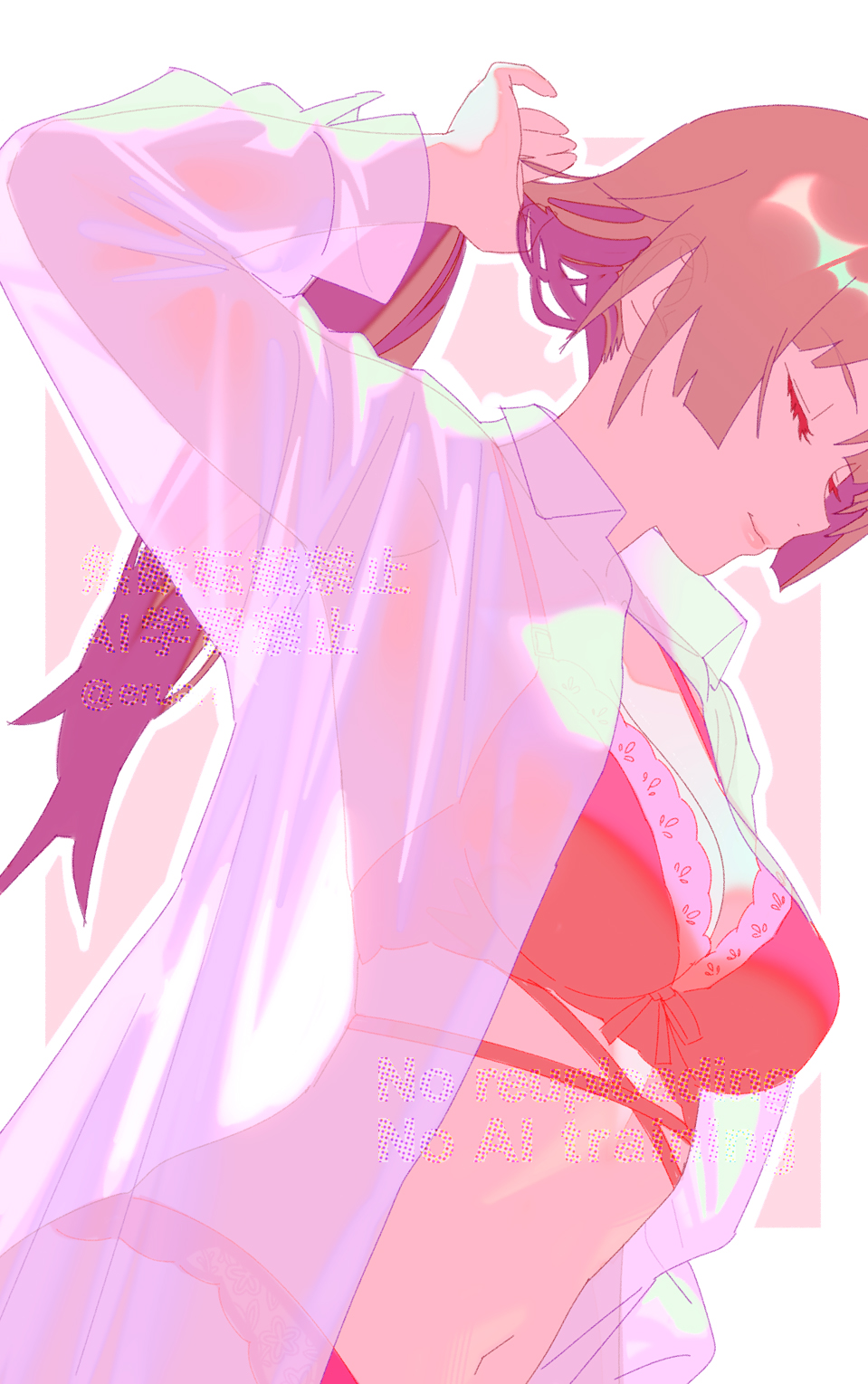 1girls, bakemonogatari, belly, belly button, bra, breasts, busty, busty female, busty teenager, closed eyes, closed mouth smile, collarbone, digital, digital art, digital drawing, digital drawing (artwork), digital media, digital media (artwork), eruart, female, female focus, female only, fingers, frilled bra, frilled panties, frilled underwear, high resolution, high school student, highres, lace-trimmed panties, large breasts, lean figure, lips, long hair, midriff, monogatari (series), naked shirt, narrow waist, navel, open clothes, open clothing, open shirt, open topwear, panties, ponytail, red bra, red panties, red underwear, ribbon panties, schoolgirl, senjougahara hitagi, shirt, shoulders, sideboob, simple background, slender body, slender waist, slim waist, smile, smiley face, smiling, smirk, solo, standing, teenage female, teenager, unbuttoned, unbuttoned shirt, underboob, underwear, upper body, white shirt, white topwear, young female, young woman