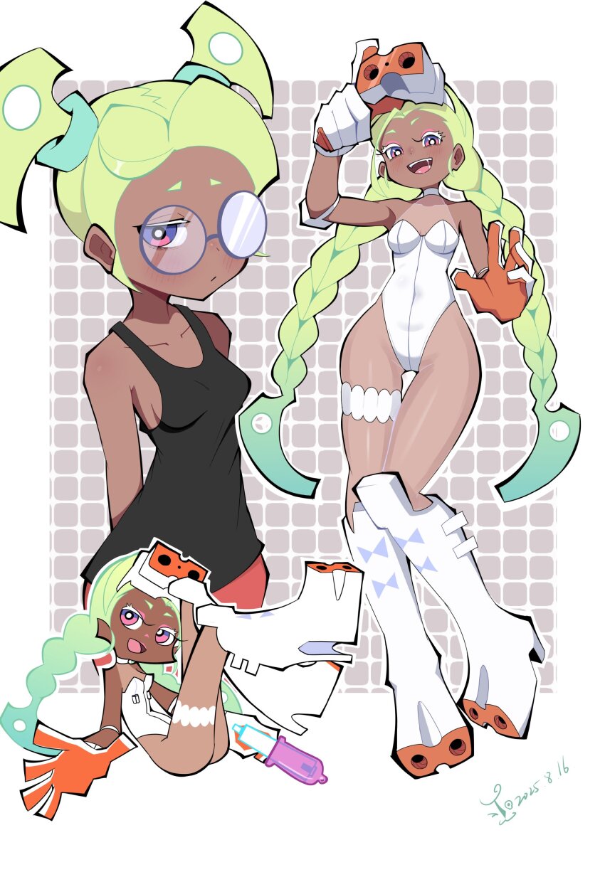 black female, black tank top, black woman, braid, dark skin, dark-skinned female, female, glasses, gunsmith bitch (psg), high heel boots, mesh clothing, open mouth, panty & stocking with garterbelt, thigh gap, twin braids
