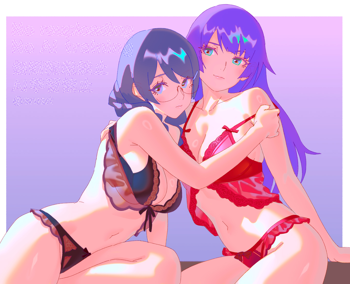 2girls, alternate version available, bakemonogatari, bare belly, bare navel, belly, belly button, big breasts, black bra, black hair, black panties, black underwear, black-haired female, blue eyes, blue-eyed female, bra, braid, braided hair, braided ponytail, breasts, busty, busty female, busty teenager, cleavage, closed mouth smile, collarbone, curvaceous, curvaceous body, curvaceous female, curvaceous figure, curvaceous hips, curvy, curvy body, curvy female, curvy figure, curvy hips, digital, digital art, digital drawing, digital drawing (artwork), digital media, digital media (artwork), elbows, eruart, exposed belly, exposed navel, female, female focus, female only, fingers, front-tie bra, glasses, glasses on face, glasses on head, hair clip, hairclip, half naked, half nude, hanekawa tsubasa, head tilt, high resolution, high school student, highres, hourglass figure, inguinal crease, inguinal ligament, large boobs, large breasts, lean figure, lingerie, lingerie bra, lingerie only, lingerie panties, lips, long hair, looking at viewer, midriff, monogatari (series), multicolored eyes, multiple females, multiple girls, narrow waist, navel, nervous, nervous expression, nervous face, nervous female, panties, plump breasts, ponytail, purple background, purple eyebrows, purple hair, purple-haired female, red bra, red panties, red underwear, schoolgirl, semi nude, senjougahara hitagi, shiny breasts, shiny hair, shiny shoulders, shiny skin, shiny thighs, shoulders, shy, shy expression, simple background, sitting, slender body, slender waist, slim waist, smile, smiley face, smiling, smiling at viewer, smirk, teenage female, teenager, thick thighs, thighs, tilted head, two-tone eyes, underwear, underwear only, upper body, wide hips, young female, young woman, yuri