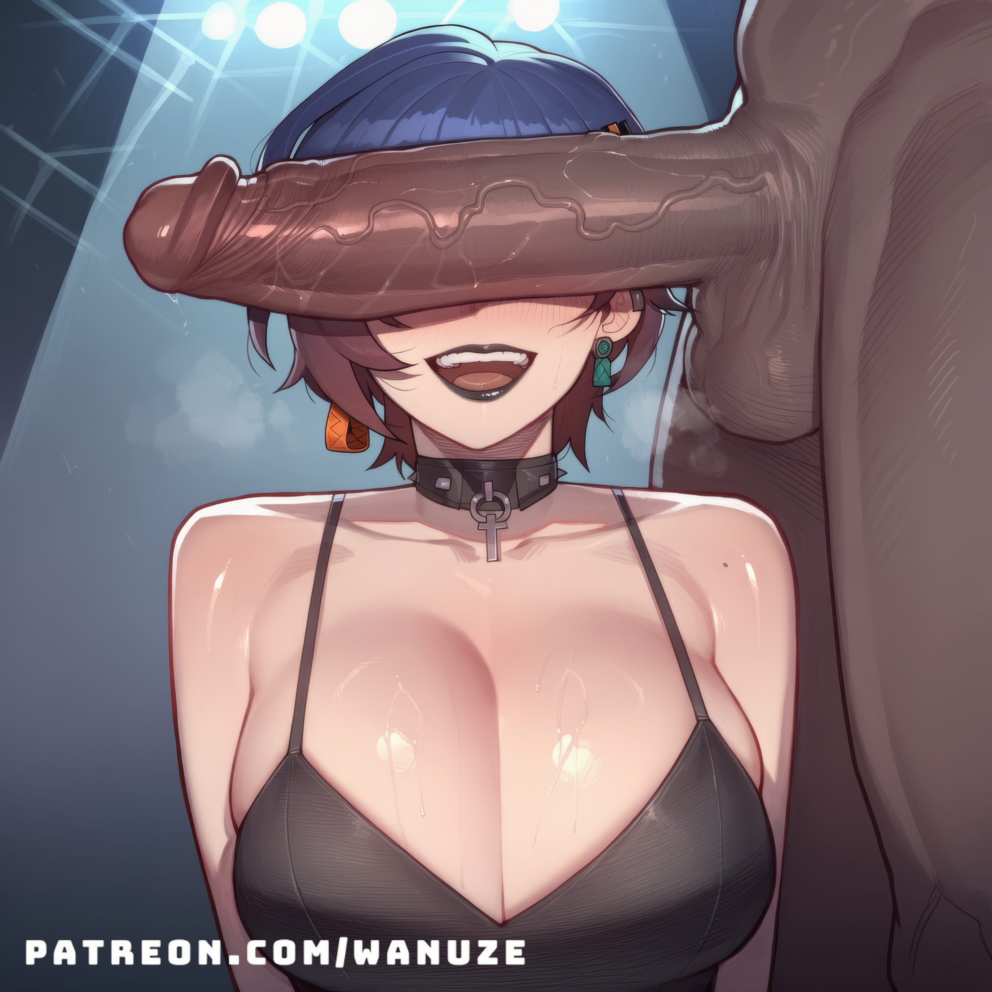 ai generated, bald, balls, belle (zenless zone zero), big ass, big balls, big breasts, big butt, big penis, big thighs, black dress, black lipstick, blush, breasts, choker, cleavage, cleavage cutout, dark skin, dark-skinned male, erection, faceless male, female, goth, goth girl, gothic, gothic girl, huge ass, huge balls, huge breasts, huge butt, huge cock, huge thighs, interracial, male, muscular, muscular male, open mouth, penis, penis awe, penis on face, penis over eyes, pole, pole dancing, purple hair, testicles, tight clothes, uncensored, wanuze, wide hips, zenless zone zero