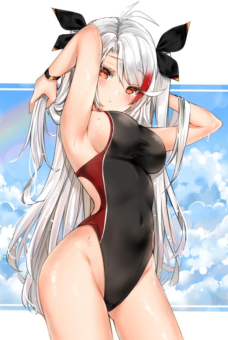 antenna hair, armpits, arms behind head, arms up, ass visible through thighs, azur lane, bare arms, bare shoulders, black one-piece swimsuit, black ribbon, blue sky, blush, breasts, cg, closed mouth, cloud, competition swimsuit, contrapposto, covered navel, cowboy shot, day, female, groin, hair ribbon, hands in hair, highleg, highleg swimsuit, large breasts, long hair, looking at viewer, medium breasts, mole, mole on breast, multicolored hair, one-piece swimsuit, orange eyes, prinz eugen (azur lane), red hair, sideboob, sky, solo, standing, streaked hair, swimsuit, thighs, two side up, very long hair, wet, white hair, wristband