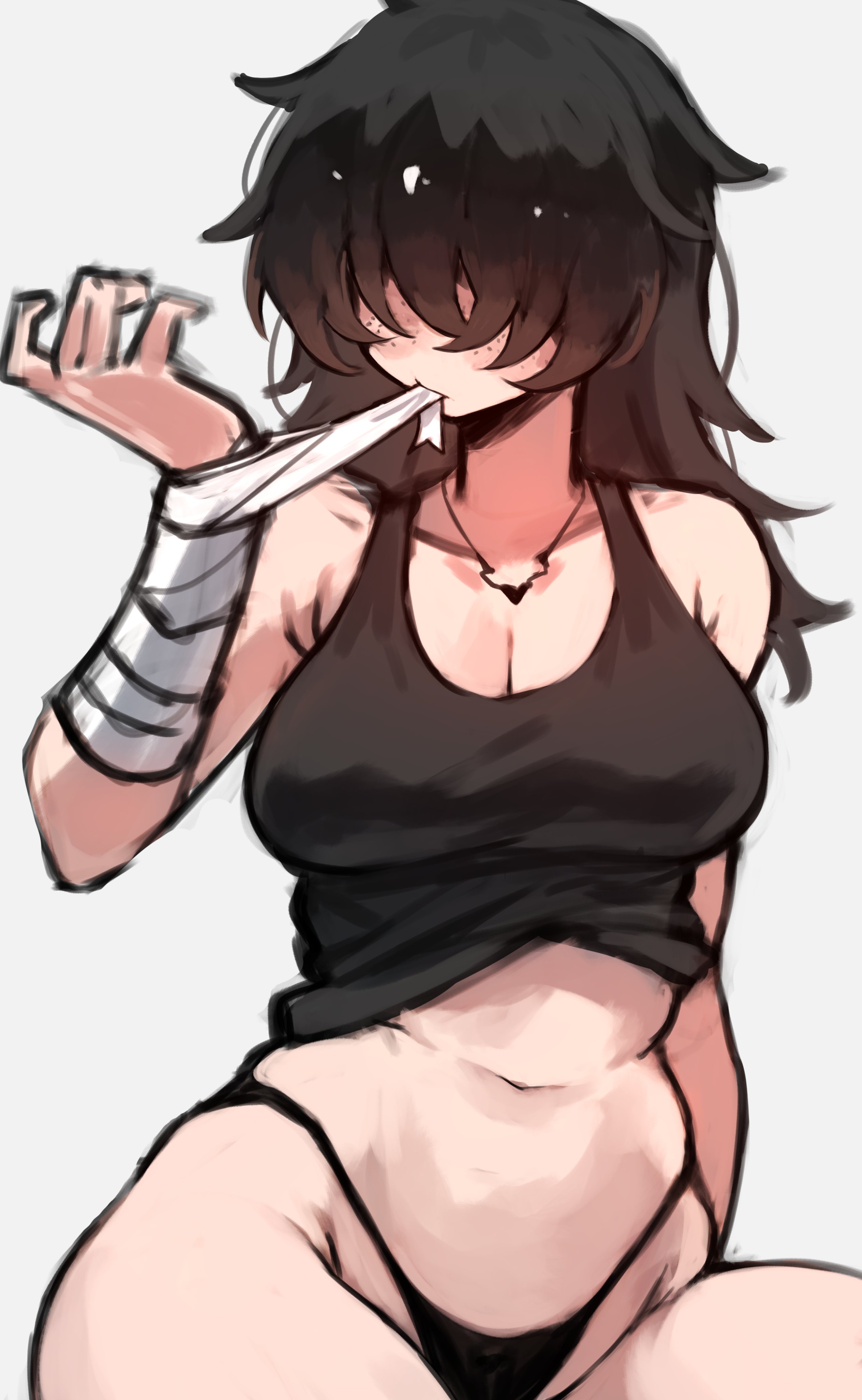 1girls, bandages, breasts, female, female focus, female only, freckles, hair over eyes, large breasts, light skin, light-skinned female, midriff, original, shig (shigezie), shigezie, solo, thick thighs, thighs, thong, white background, wide hips