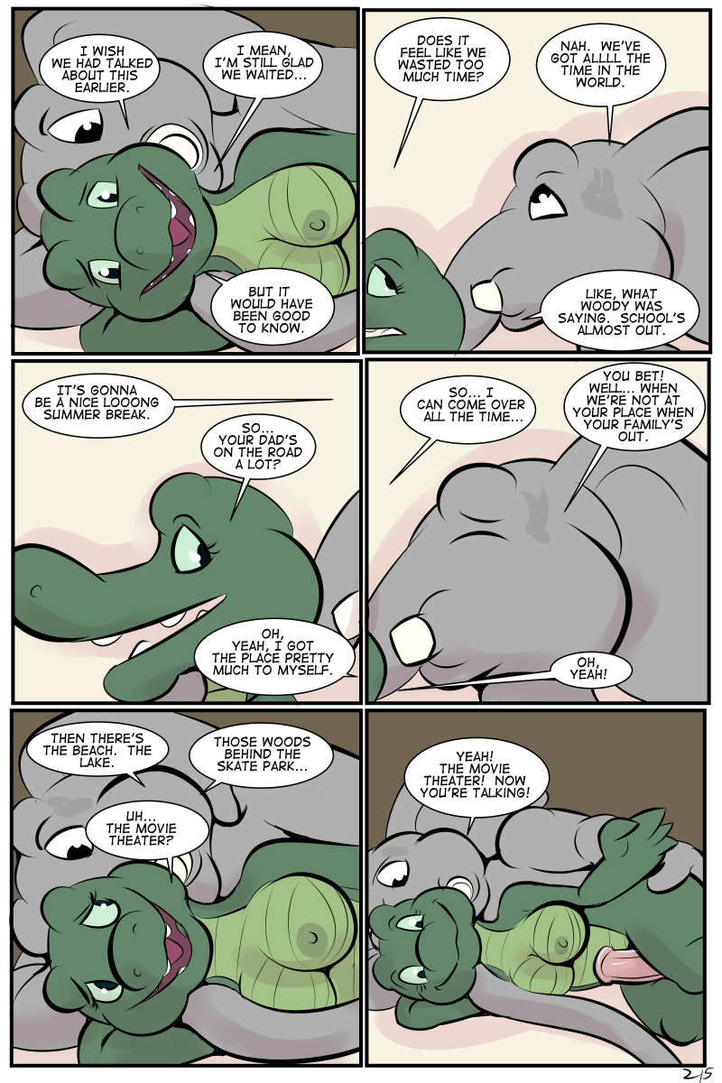 2018 alligator angie_(study_partners) anthro areola breasts closed_eyes comic crocodilian duo elephant english_text fangs female green_eyes looking_back male mammal nipples nude open_mouth page_215 penis proboscidean ragdoll_(study_partners) reptile scalie speech_bubble straight study_partners teeth text thunderouserections tongue trunk tusks young