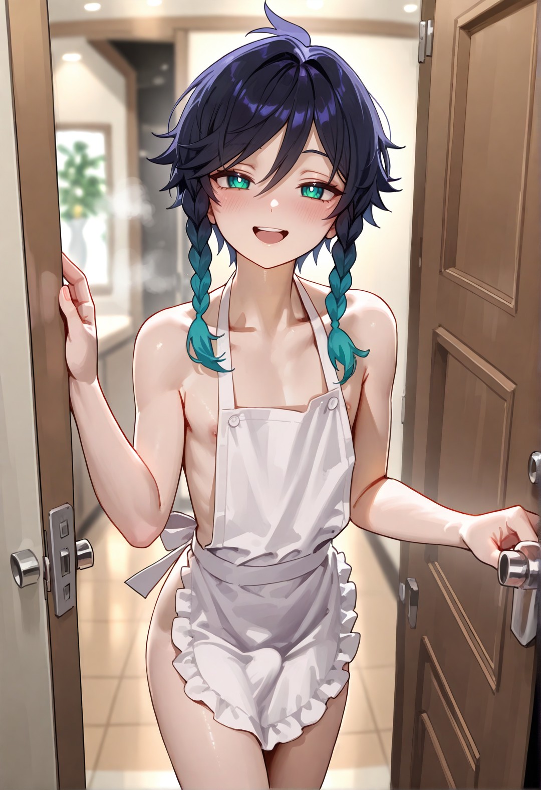 1boy, ai generated, apron, artist request, blush, bulge, cooking, cute, cute face, cute male, door, doorway, femboy, feminine, feminine male, gay, genshin impact, girly, hanahana, kitchen, looking at viewer, male, pixiv, pov, pov eye contact, solo, solo male, trap, venti (genshin impact), wholesome