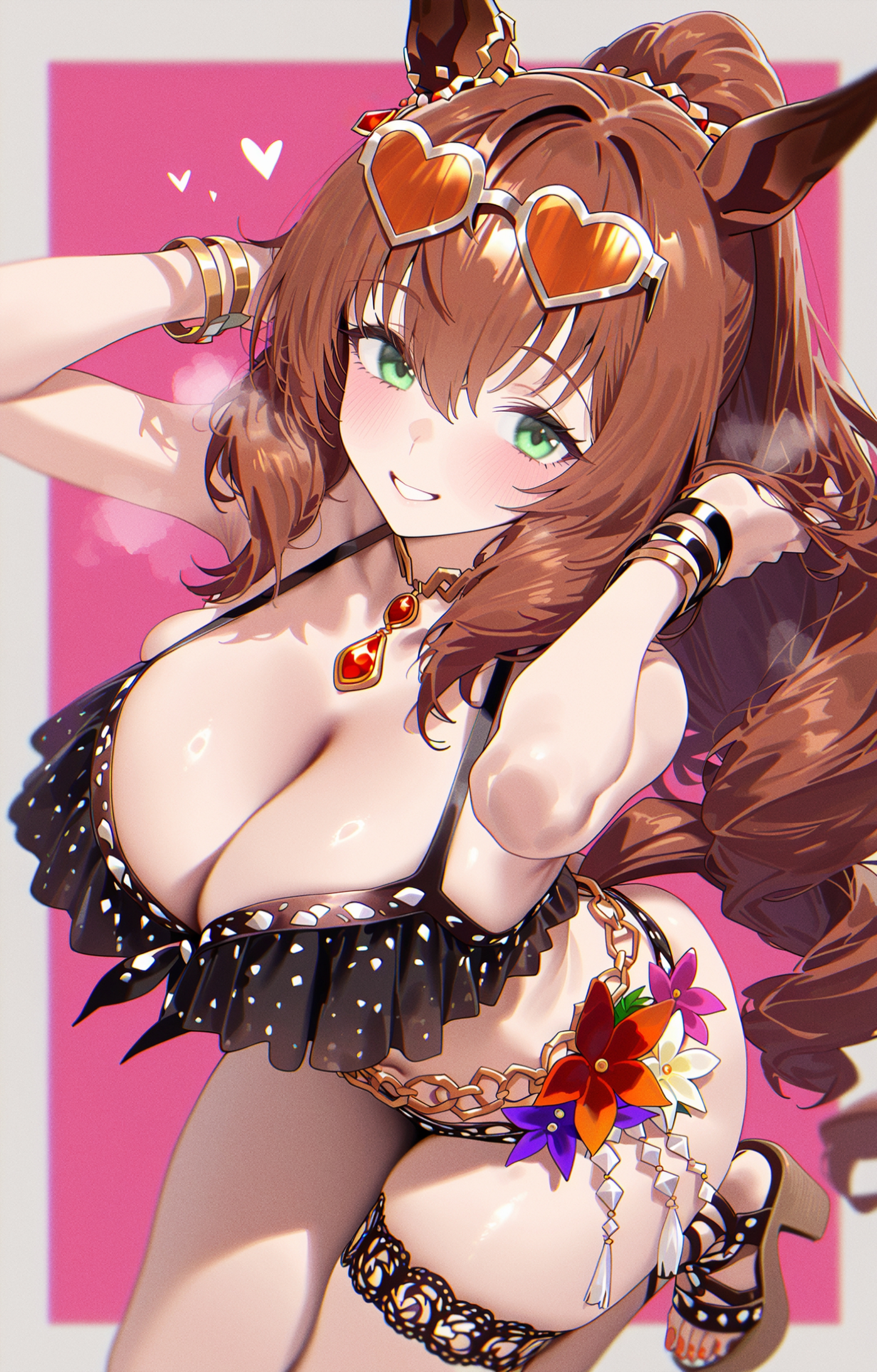 ai generated, animal ears, blue eyes, brown hair, cleavage, female, frilled bikini, horse girl, long hair, maruzensky (umamusume), shiny skin, umamusume, umamusume pretty derby