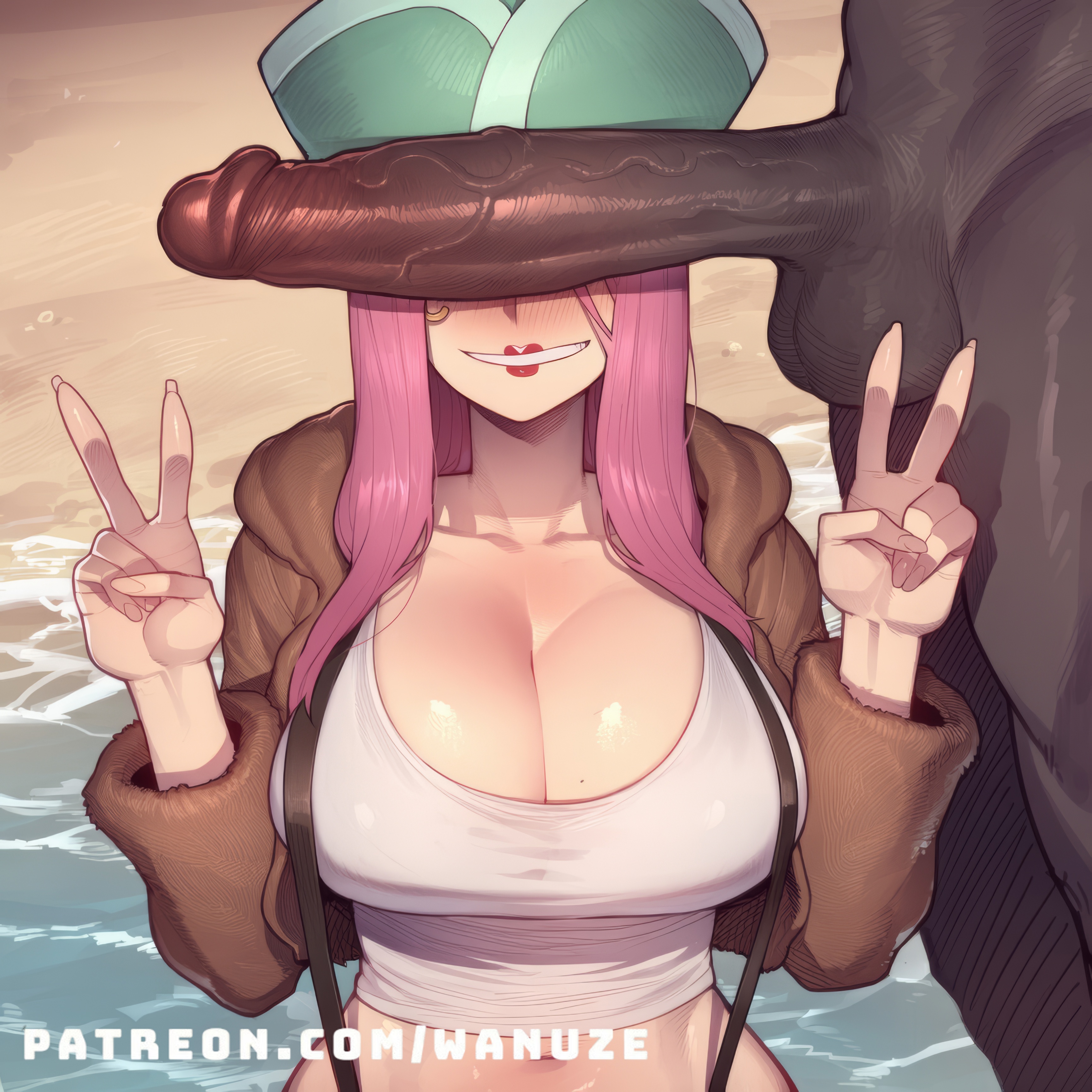 ai generated, bald, balls, big ass, big balls, big breasts, big butt, big penis, big thighs, blush, breasts, brown jacket, cant see the haters, dark skin, dark-skinned male, double peace sign, double v, faceless male, female, hat, heart, huge ass, huge balls, huge breasts, huge butt, huge cock, huge thighs, interracial, jewelry bonney, male, muscular, muscular male, one piece, peace sign, penis, penis awe, penis on face, penis over eyes, pink hair, purple eyes, v sign, wanuze, white shirt, wide hips