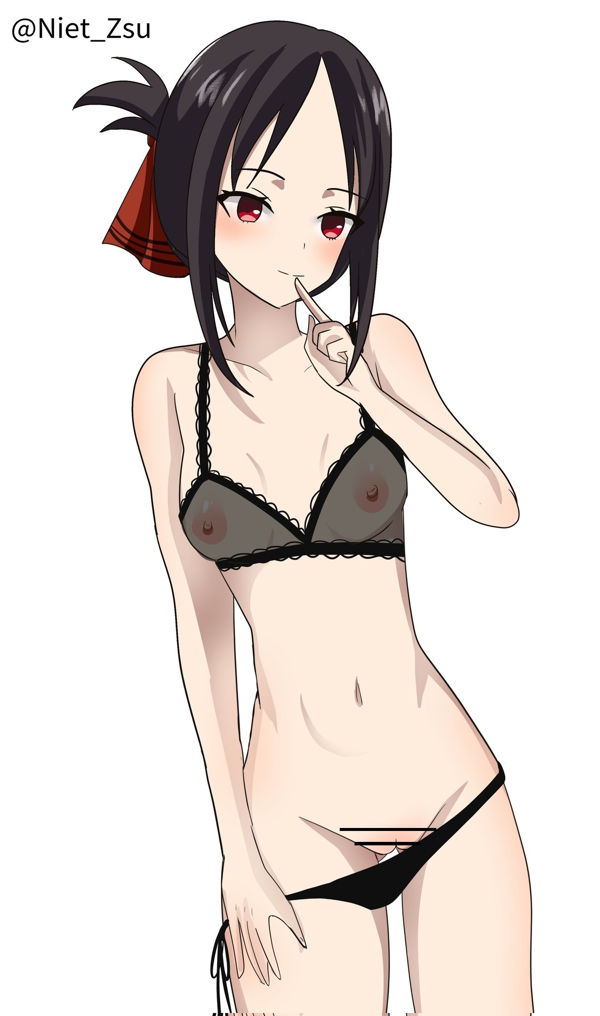 1girls, almost naked, almost nude, areolae, bare arms, bare belly, bare chest, bare hands, bare hips, bare legs, bare midriff, bare navel, bare pussy, bare shoulders, bare skin, bare thighs, belly, belly button, black bra, black hair, black panties, black underwear, black-haired female, bra, breasts, cleft of venus, closed mouth smile, collarbone, digital, digital art, digital drawing, digital drawing (artwork), digital media, digital media (artwork), elbows, exposed arms, exposed belly, exposed chest, exposed hips, exposed legs, exposed midriff, exposed navel, exposed pussy, exposed shoulders, exposed skin, exposed thighs, exposing, exposing pussy, exposing self, female, female focus, female only, fingers, frilled bra, frilled panties, frilled underwear, groin, hair ribbon, hair tie, hand on leg, hand on own leg, hand on own thigh, hand on thigh, head tilt, high resolution, high school student, highres, kaguya-sama wa kokurasetai ~tensai-tachi no renai zunousen~, lace-trimmed bra, lean figure, looking at viewer, midriff, mostly nude, naked, naked female, naked woman, narrow waist, navel, nearly nude, niet zsu, nipples, nude, nude female, nudity, panties, parted bangs, petite, petite body, petite breasts, petite female, petite tits, practically nude, pussy, pussy lips, red eyes, red hair ribbon, red hair tie, red ribbon, red-eyed female, ribbon, schoolgirl, shinomiya kaguya, shoulders, showing pussy, sidelocks, simple background, skinny, skinny female, skinny waist, slender body, slender waist, slim waist, small breasts, smile, smiley face, smiling, smiling at viewer, smirk, solo, standing, teenage female, teenager, thigh gap, thighs, tilted head, uncensored breasts, uncensored nipples, underwear, underwear only, upper body, vulva, vulva line, white background, young female, young woman
