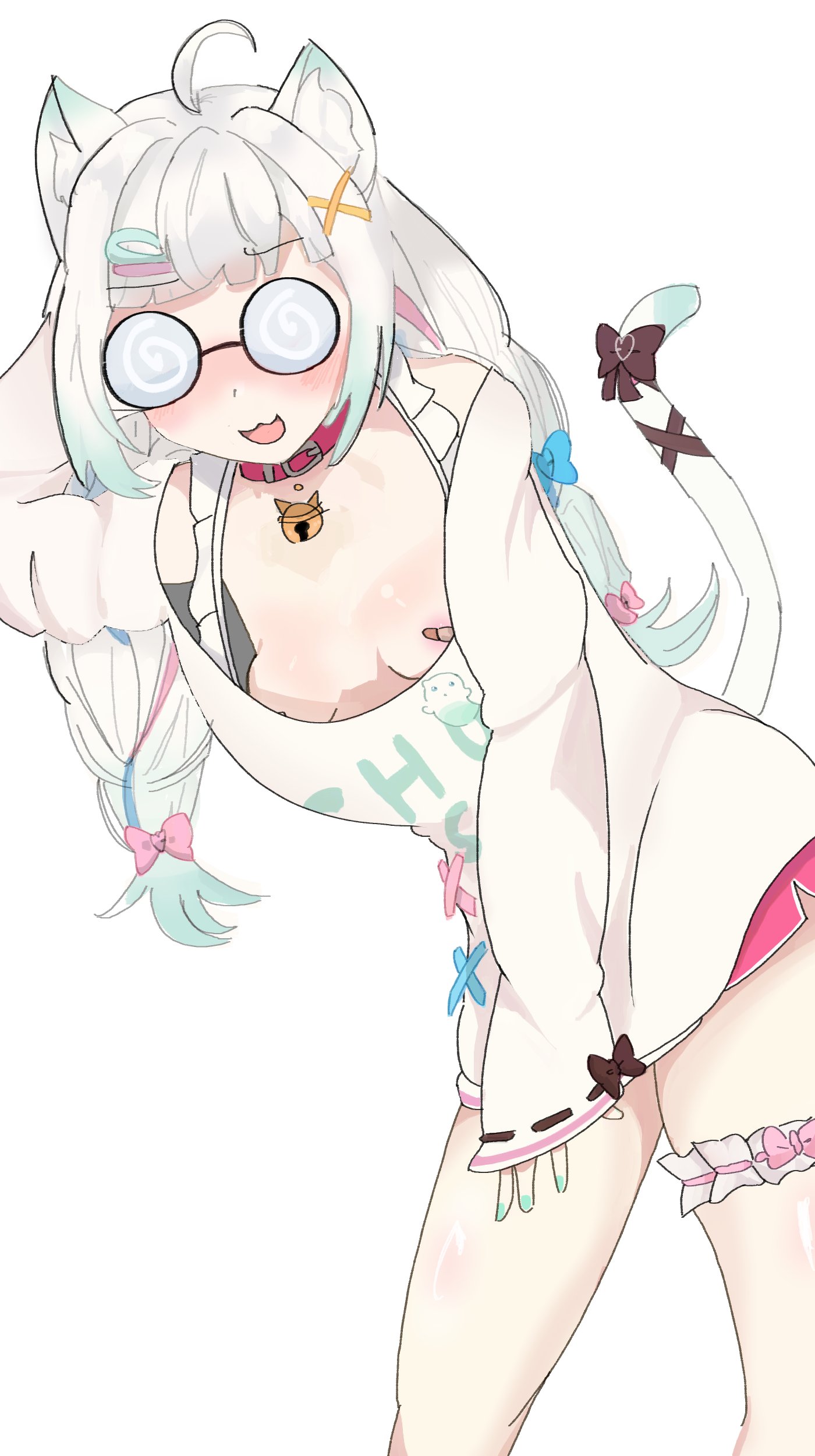 :3, :d, alternate costume, areola slip, bandaids on nipples, breasts, cat ears, cat tail, coke-bottle glasses, densetsu.exe, embarrassed, female, full-face blush, green nails, indie virtual youtuber, magowaffle, maid mint, mint fantome, mint fantome (otaku), nerd, nerdy female, scratching head, small breasts, tagme, virtual youtuber, vtuber, white background