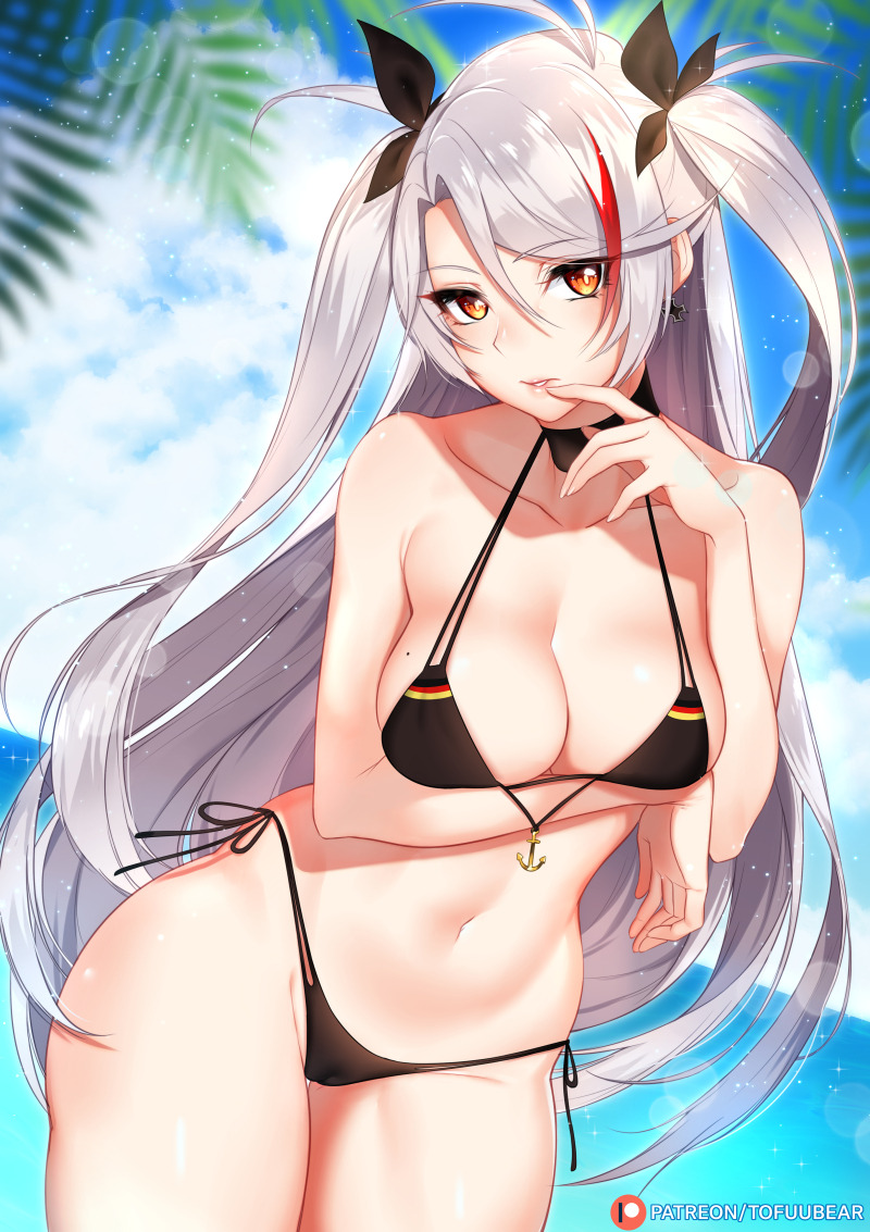 azur lane, bikini, breasts, breasts grab, cleavage, female, female only, looking at viewer, pointy chin, prinz eugen (azur lane), solo, tofuubear