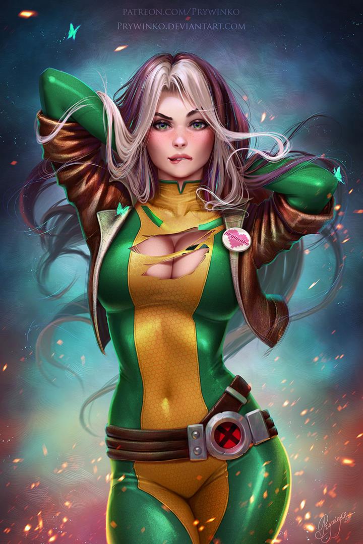 1girls, anna marie, arms up, biting lip, breasts, brown hair, cleavage, female, female only, freckles, green eyes, large breasts, long hair, marvel, marvel comics, prywinko, rogue (x-men), solo, superheroine, torn clothes, two-tone hair, white hair, x-men